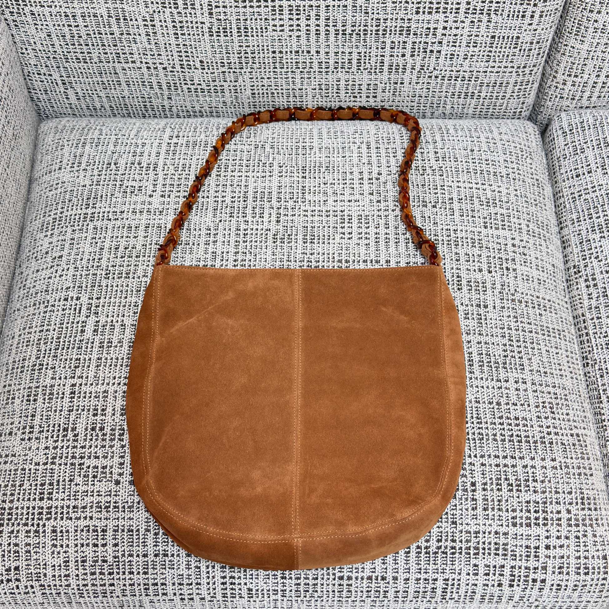CHANEL 26S LARGE HOBO BAG 33 IN COGNAC BROWN SUEDE TORTOISE RESIN CHAIN