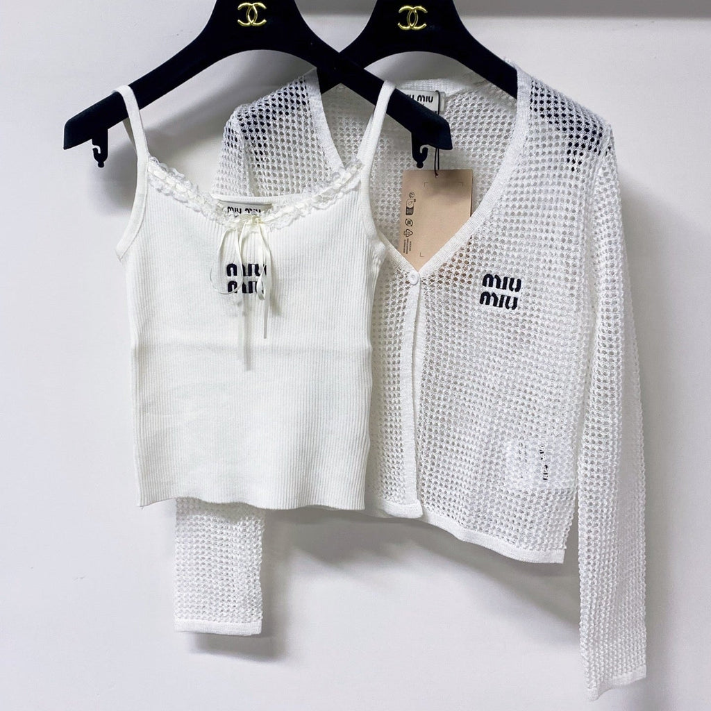 MIUMIU 26S CAMI TOP & OPEN KNIT CROPPED CARDIGAN SET 1172