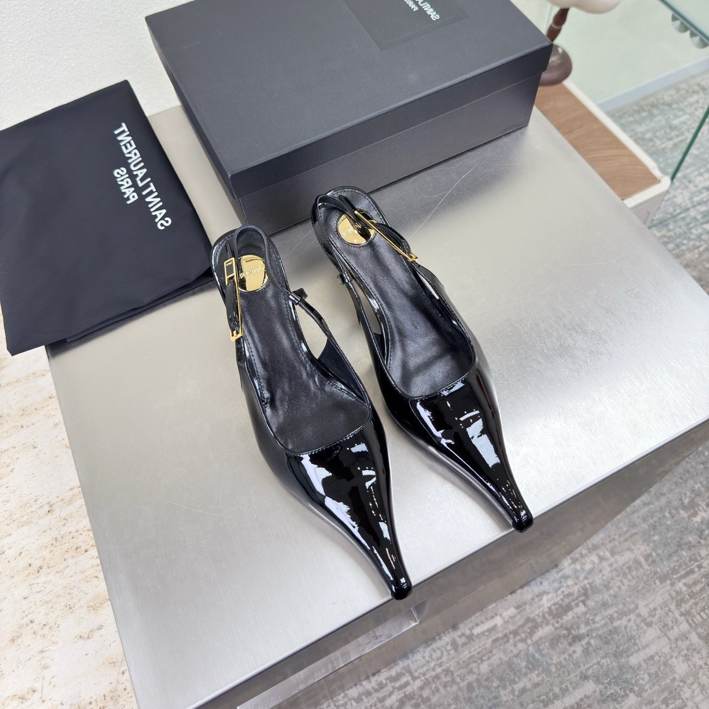 YSL 26S SLINGBACK HIGH HEELS 75 MM IN BLACK GLOSSY CALFSKIN