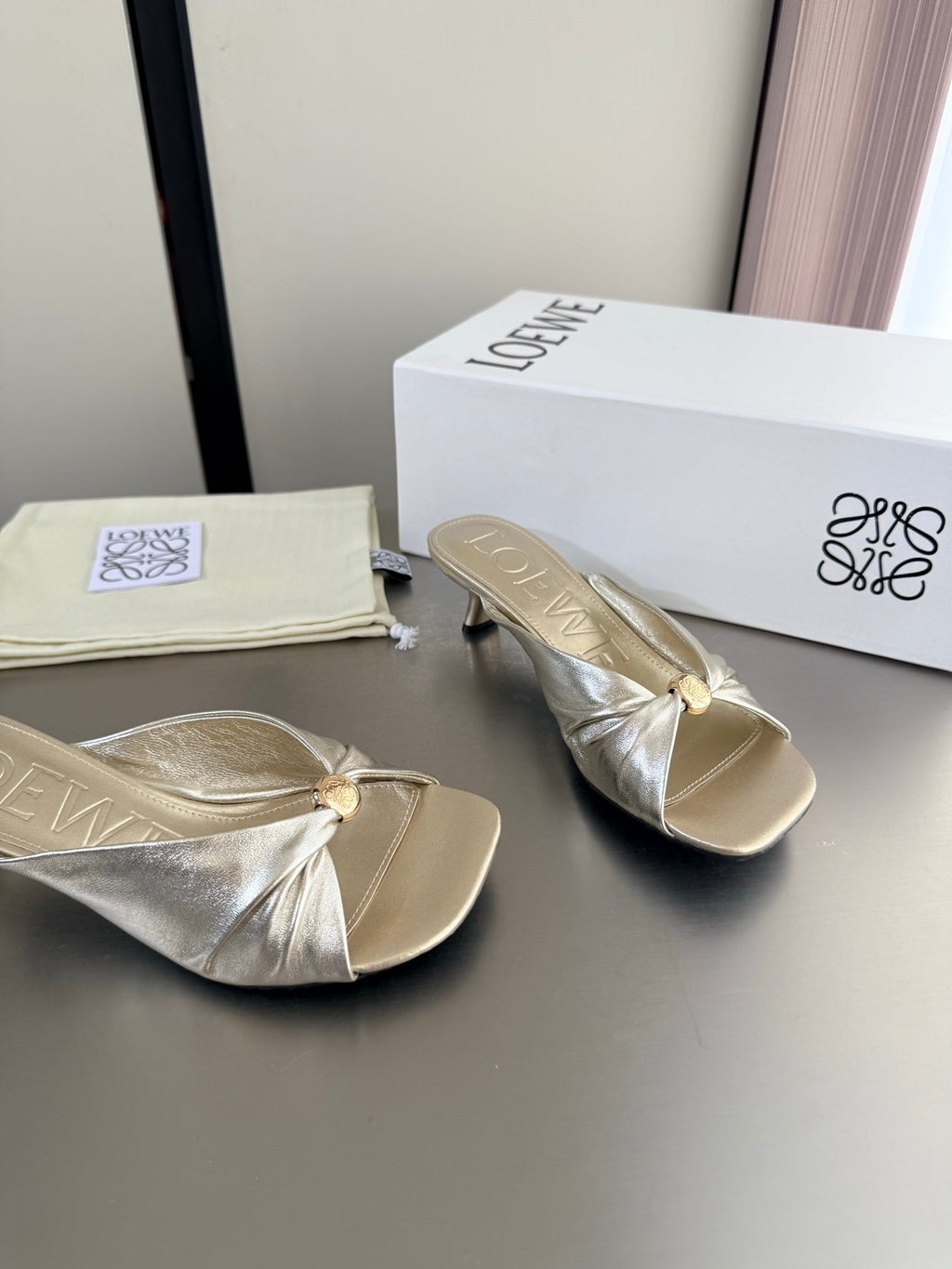 LOEWE 26S HEELED SANDALS 45MM IN GOLD CALFSKIN