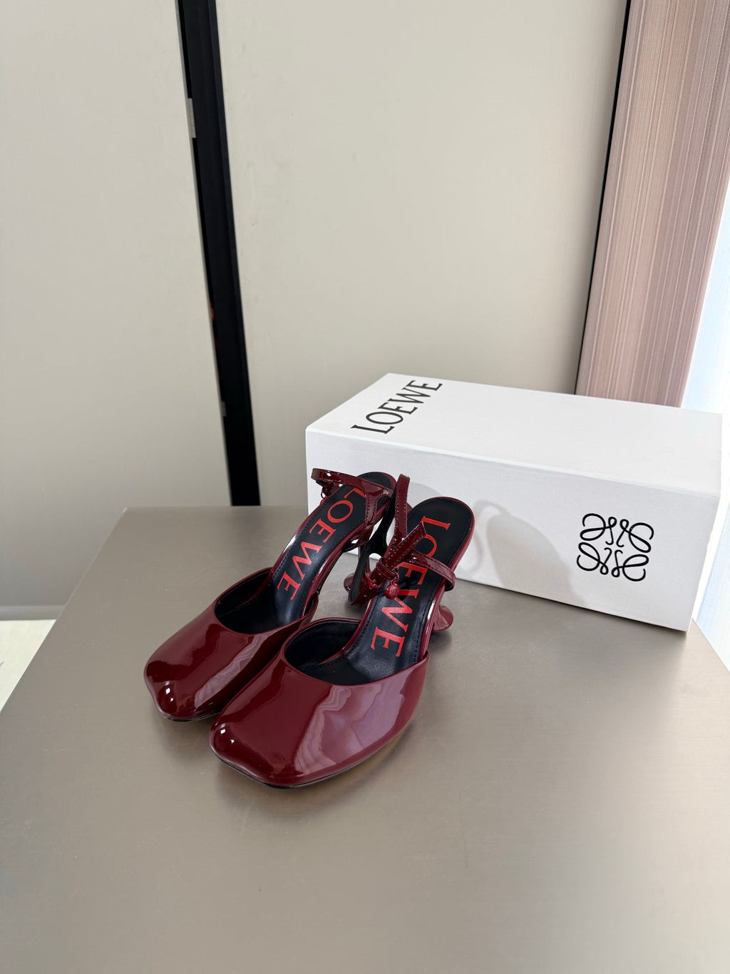 LOEWE 26S SLINGBACK HIGH HEEL PUMPS 60MM IN BURGUNDY RED PATENT CALFSKIN