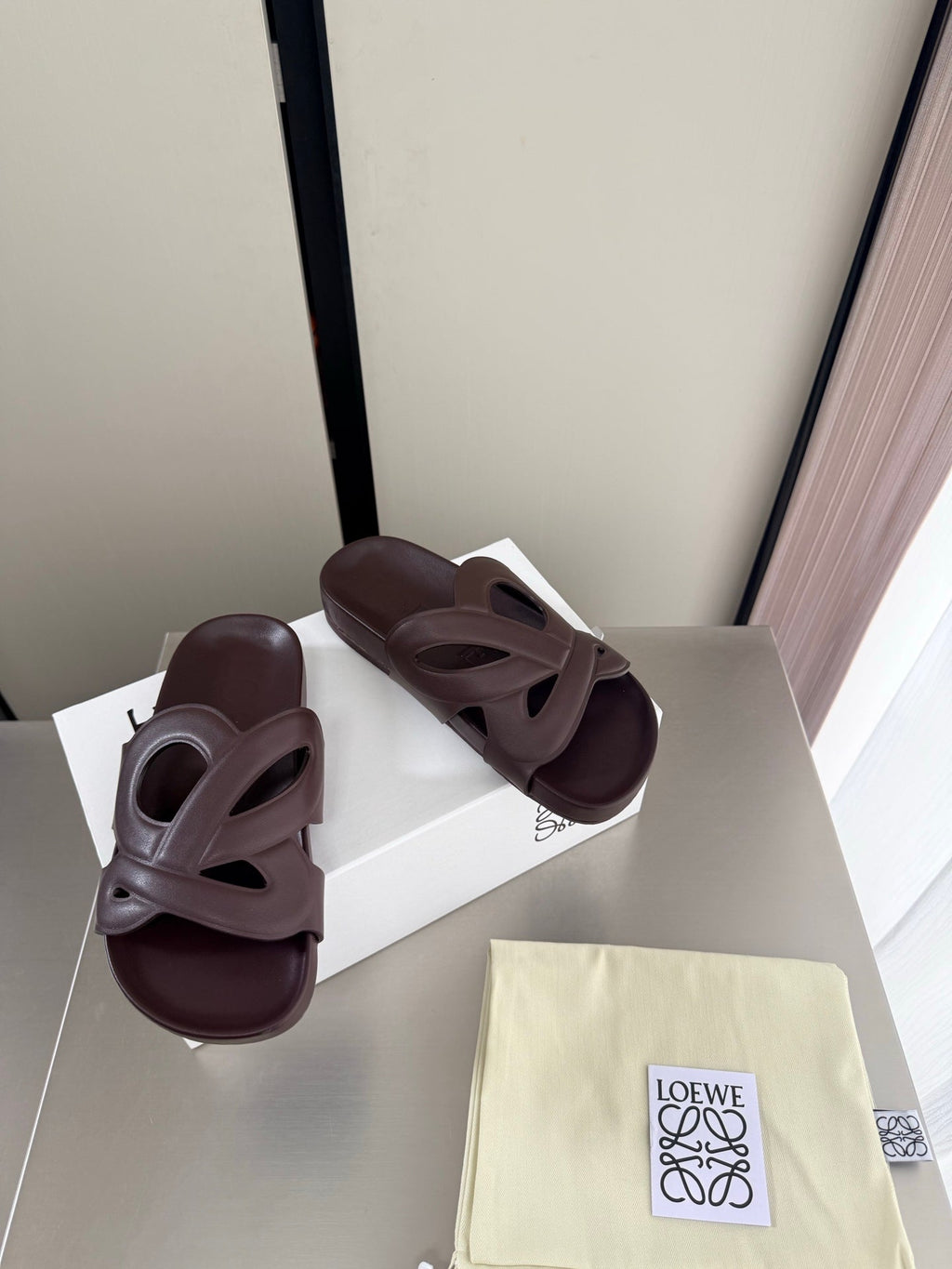 LOEWE 26S SLIDE SANDALS 30MM IN DARK BROWN CALFSKIN