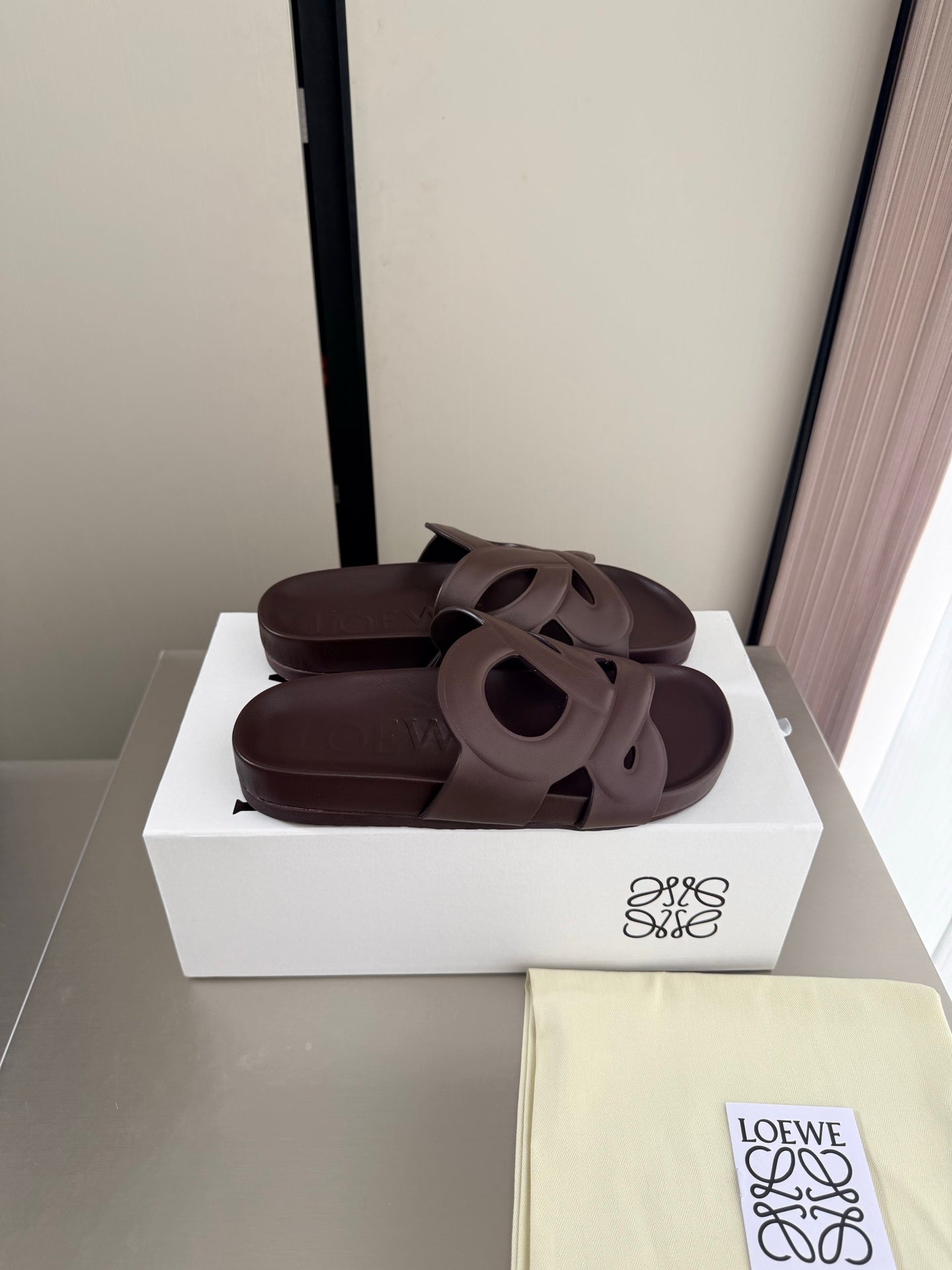 LOEWE 26S SLIDE SANDALS 30MM IN DARK BROWN CALFSKIN