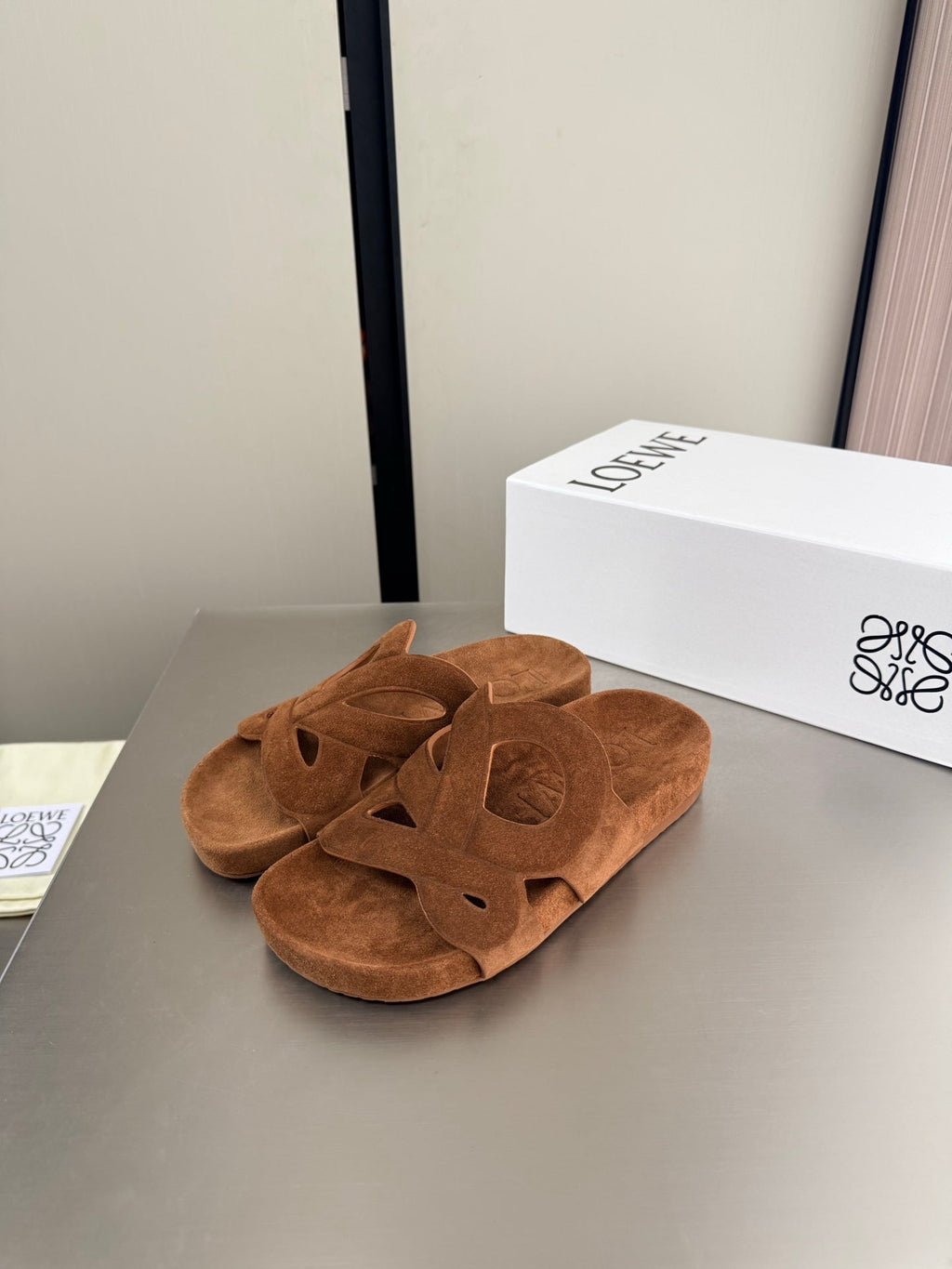LOEWE 26S SLIDE SANDALS 30MM IN CARAMEL BROWN SUEDE