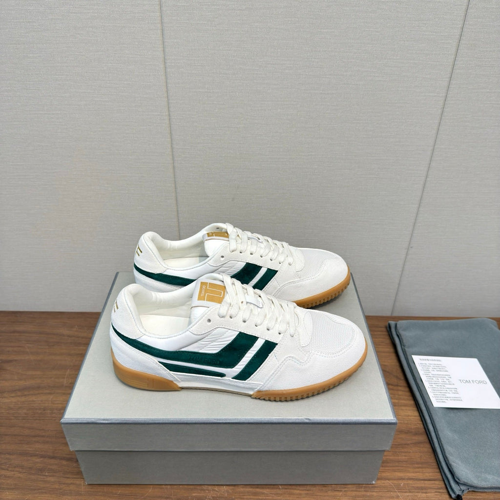 TOM FORD 26S JACKSON SNEAKERS IN WHITE AND DARK GREEN SUEDE