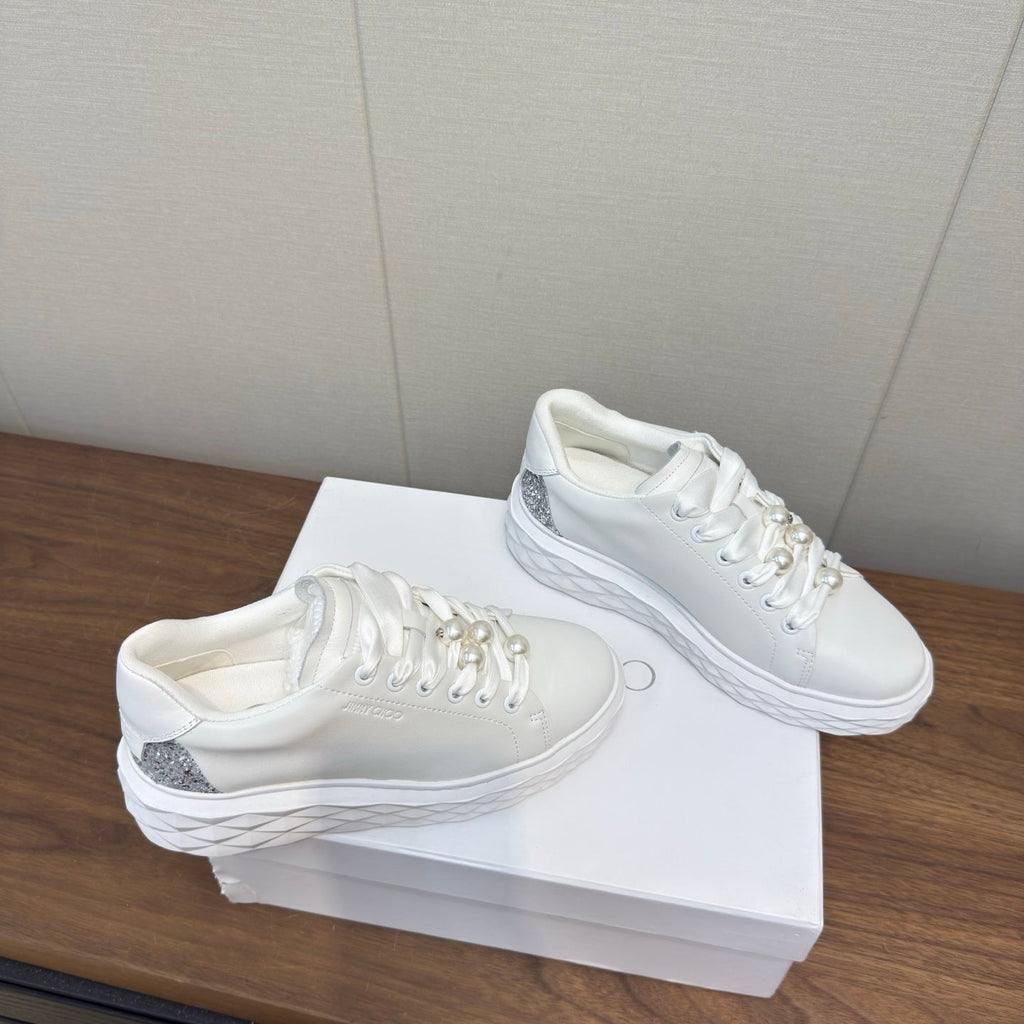 JIMMY CHOO 26S SNEAKERS 55 MM IN WHITE CALFSKIN PEARL-EMBELLISHED