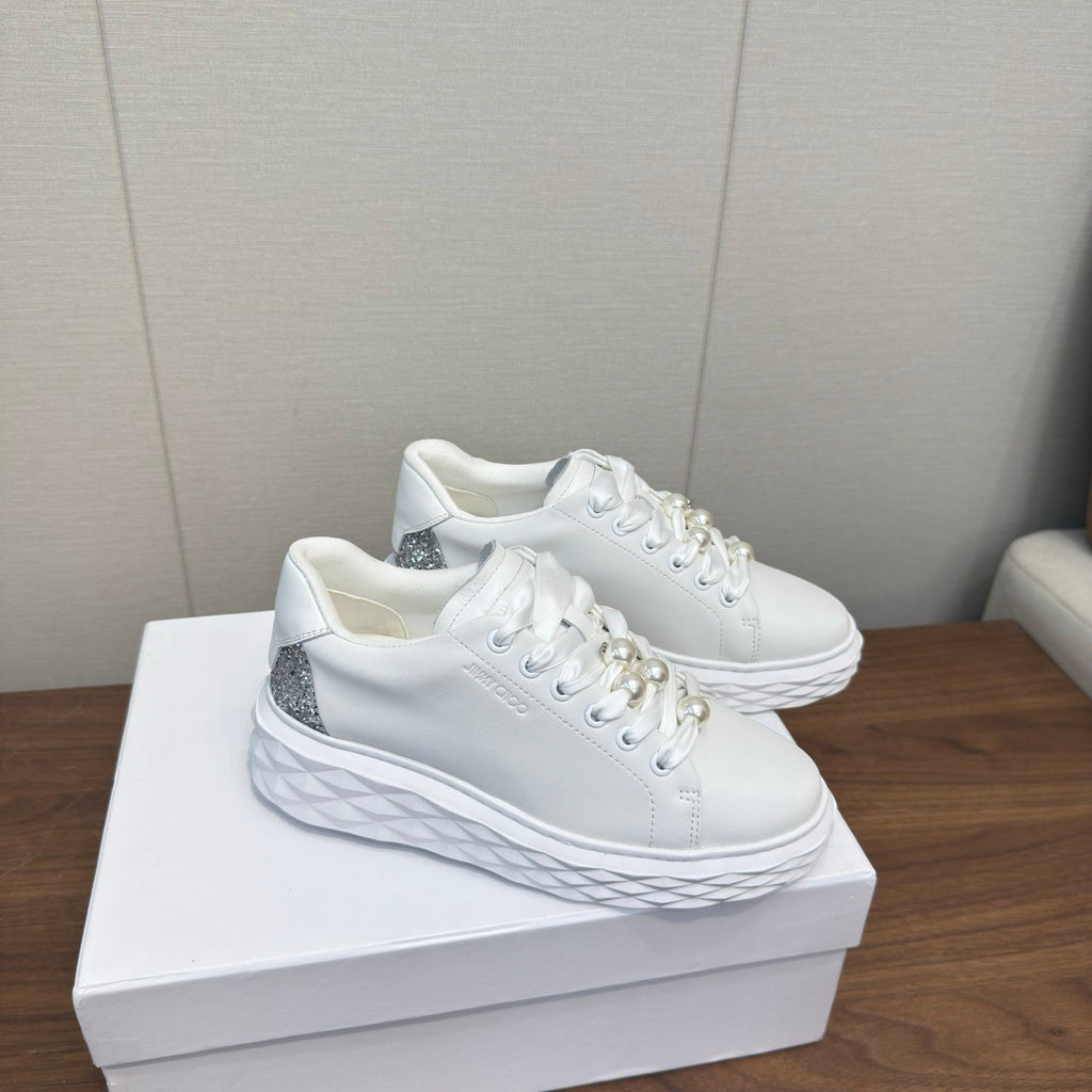 JIMMY CHOO 26S SNEAKERS 55 MM IN WHITE CALFSKIN PEARL-EMBELLISHED