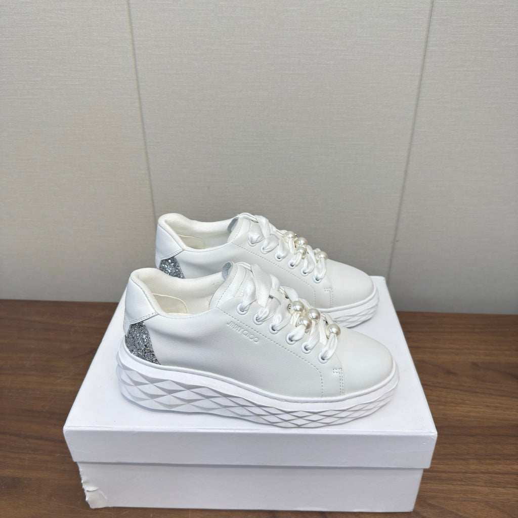 JIMMY CHOO 26S SNEAKERS 55 MM IN WHITE CALFSKIN PEARL-EMBELLISHED