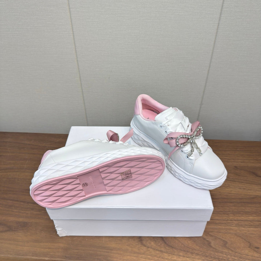 JIMMY CHOO 26S SNEAKERS 55 MM IN WHITE AND PINK CALFSKIN WITH CRYSTAL BOW