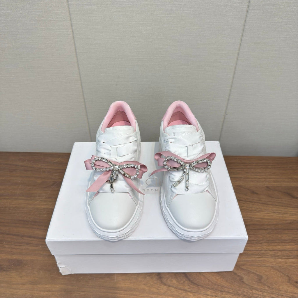JIMMY CHOO 26S SNEAKERS 55 MM IN WHITE AND PINK CALFSKIN WITH CRYSTAL BOW