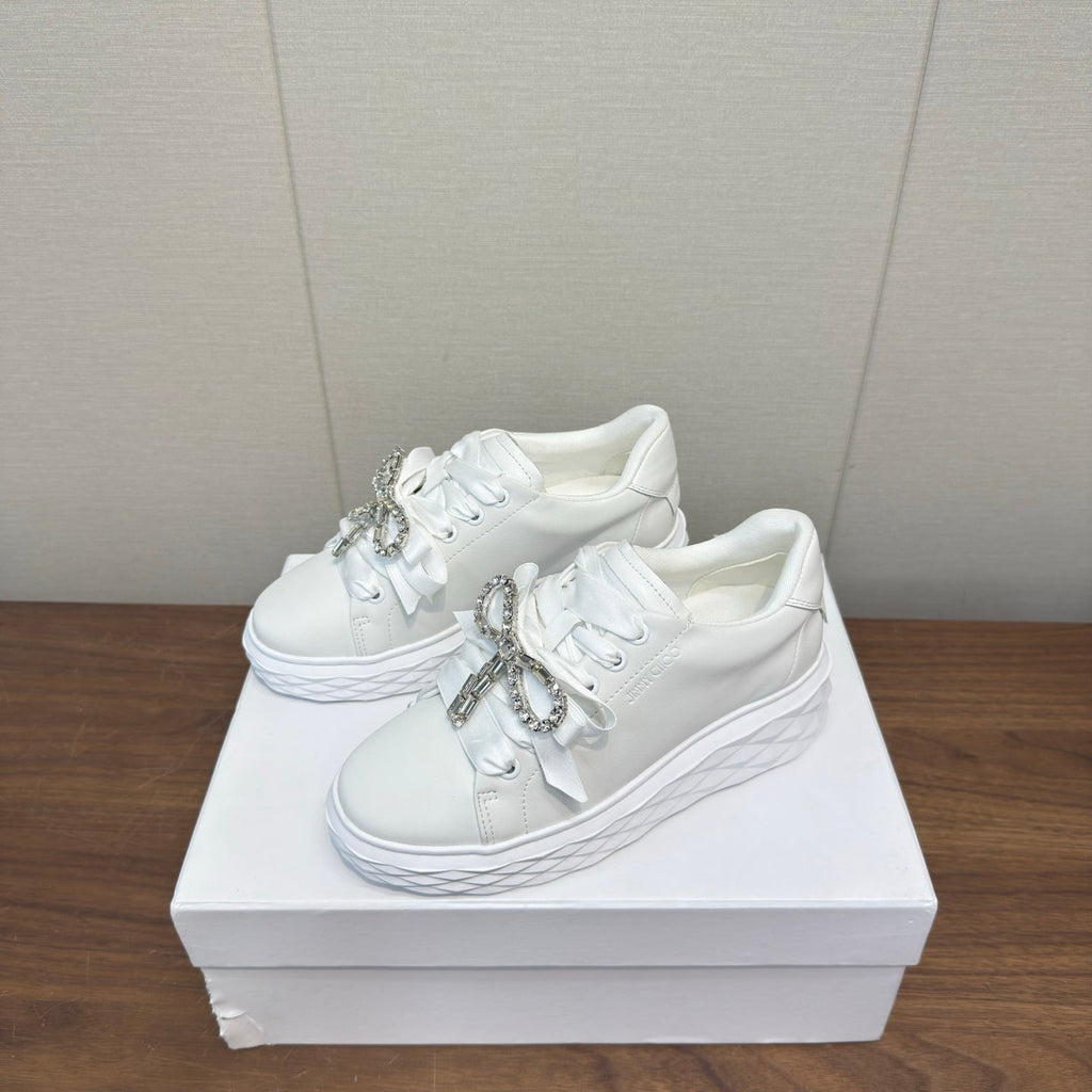 JIMMY CHOO 26S SNEAKERS 55 MM IN WHITE CALFSKIN WITH CRYSTAL BOW