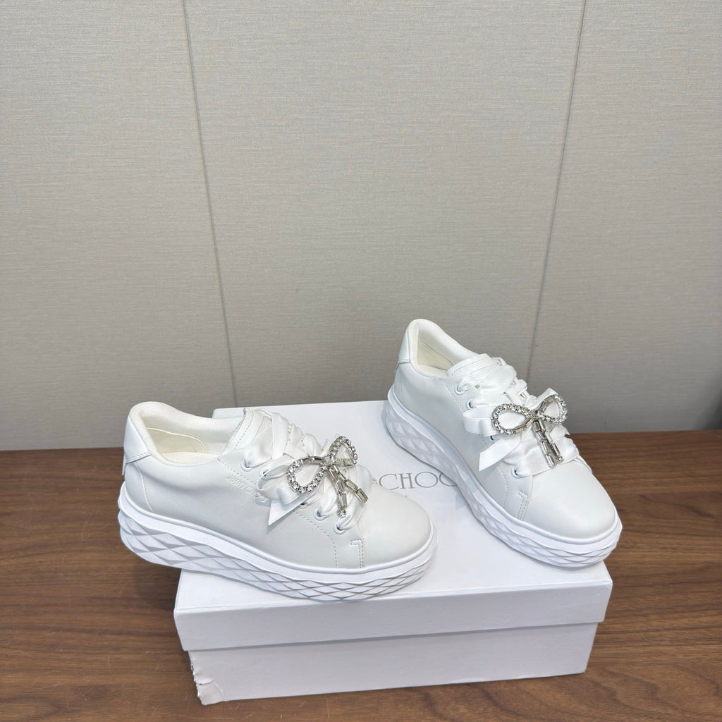 JIMMY CHOO 26S SNEAKERS 55 MM IN WHITE CALFSKIN WITH CRYSTAL BOW