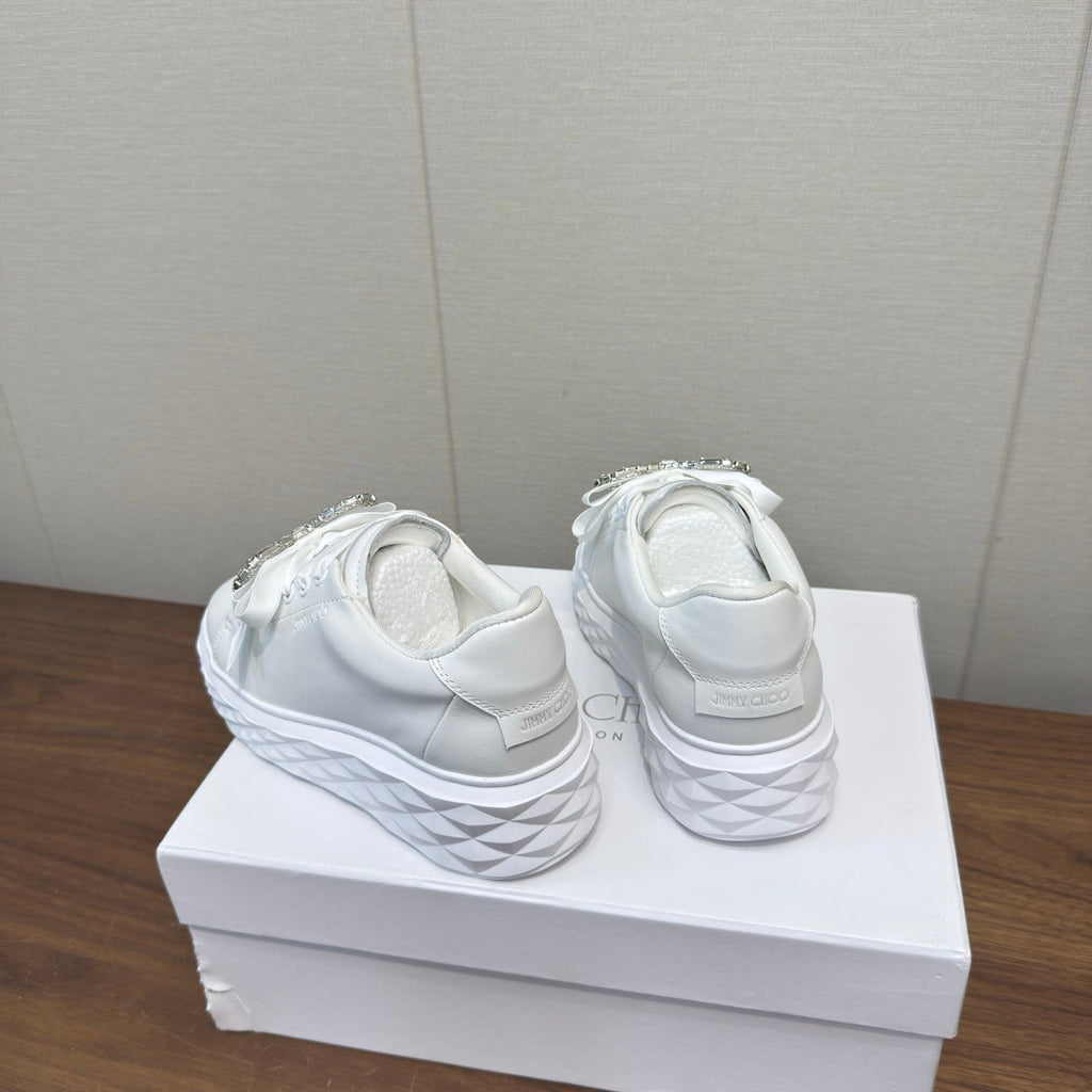 JIMMY CHOO 26S SNEAKERS 55 MM IN WHITE CALFSKIN WITH CRYSTAL BOW