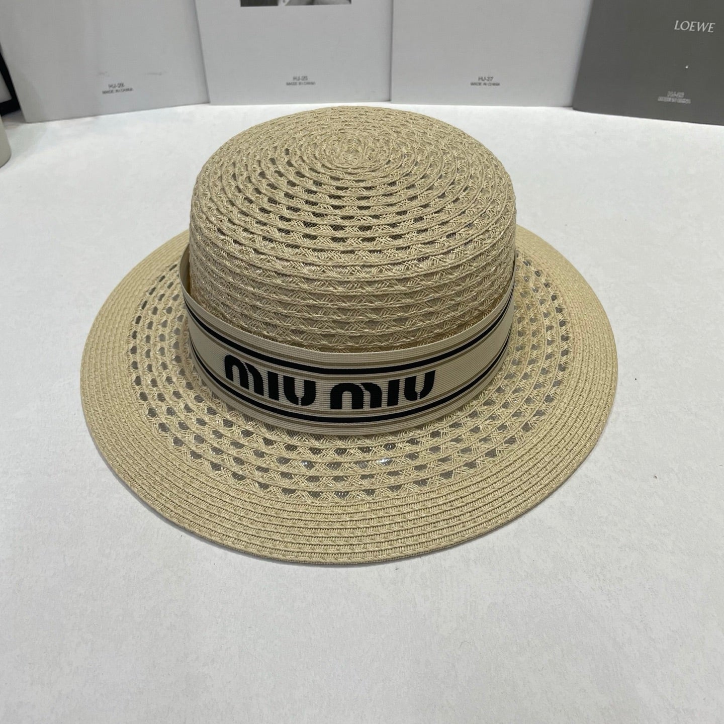 MIUMIU 26S STRAW BOATER HAT IN BEIGE 343687