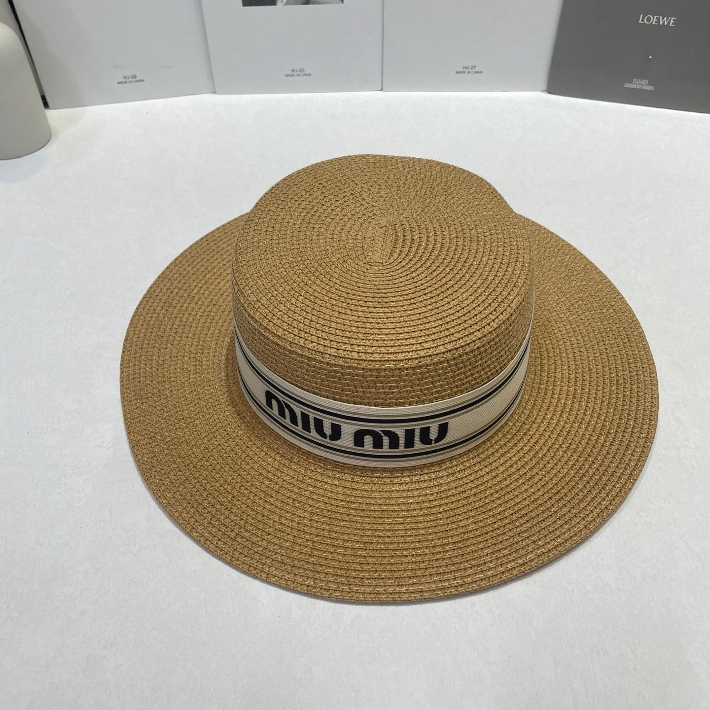 MIUMIU 26S STRAW BOATER HAT IN BROWN 343685