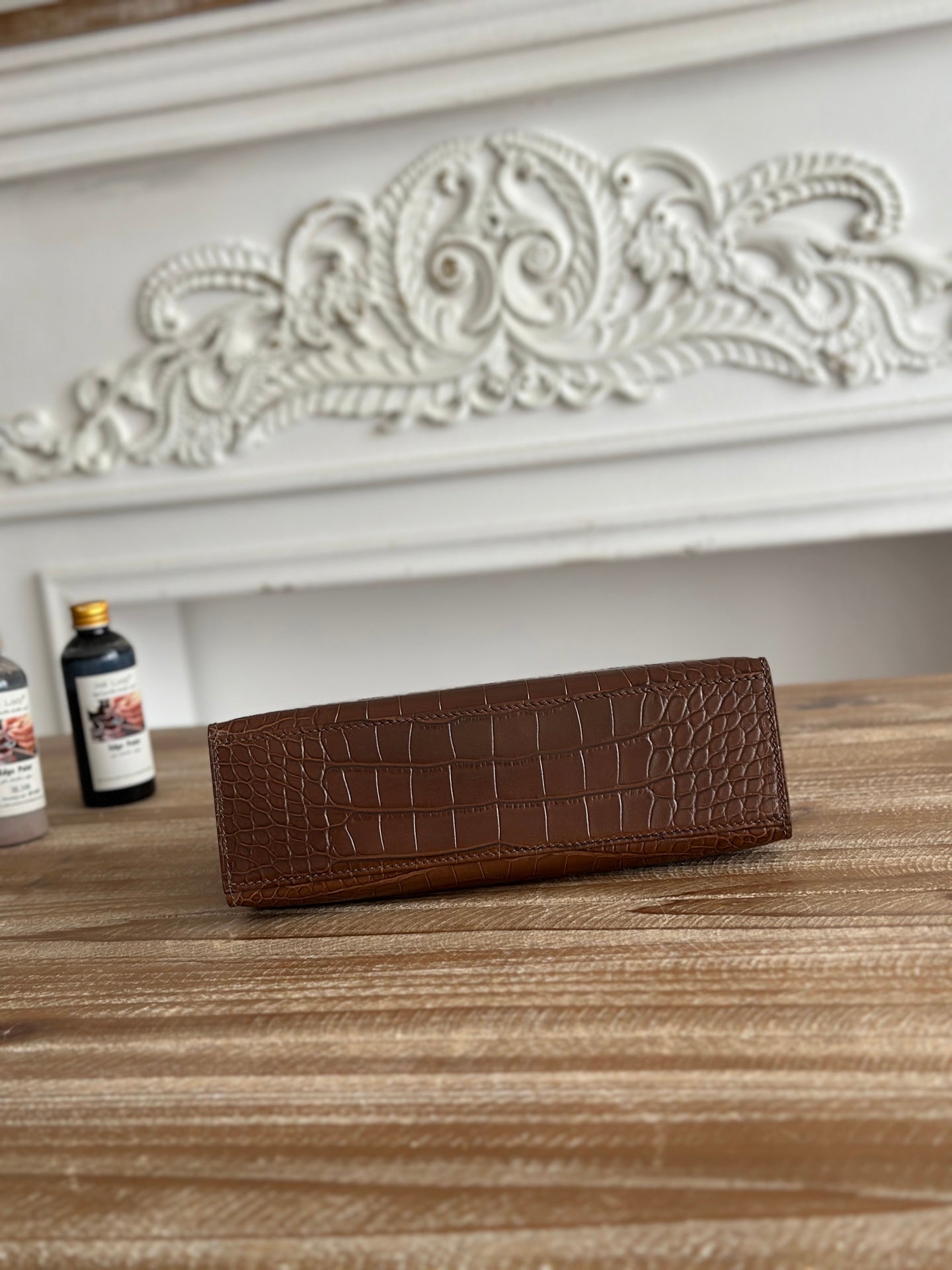 HM 25S KELLY MINI 22 CM IN BROWN LAMBSKIN WITH CROCODILE EMBOSSING AND SILVER HARDWARE