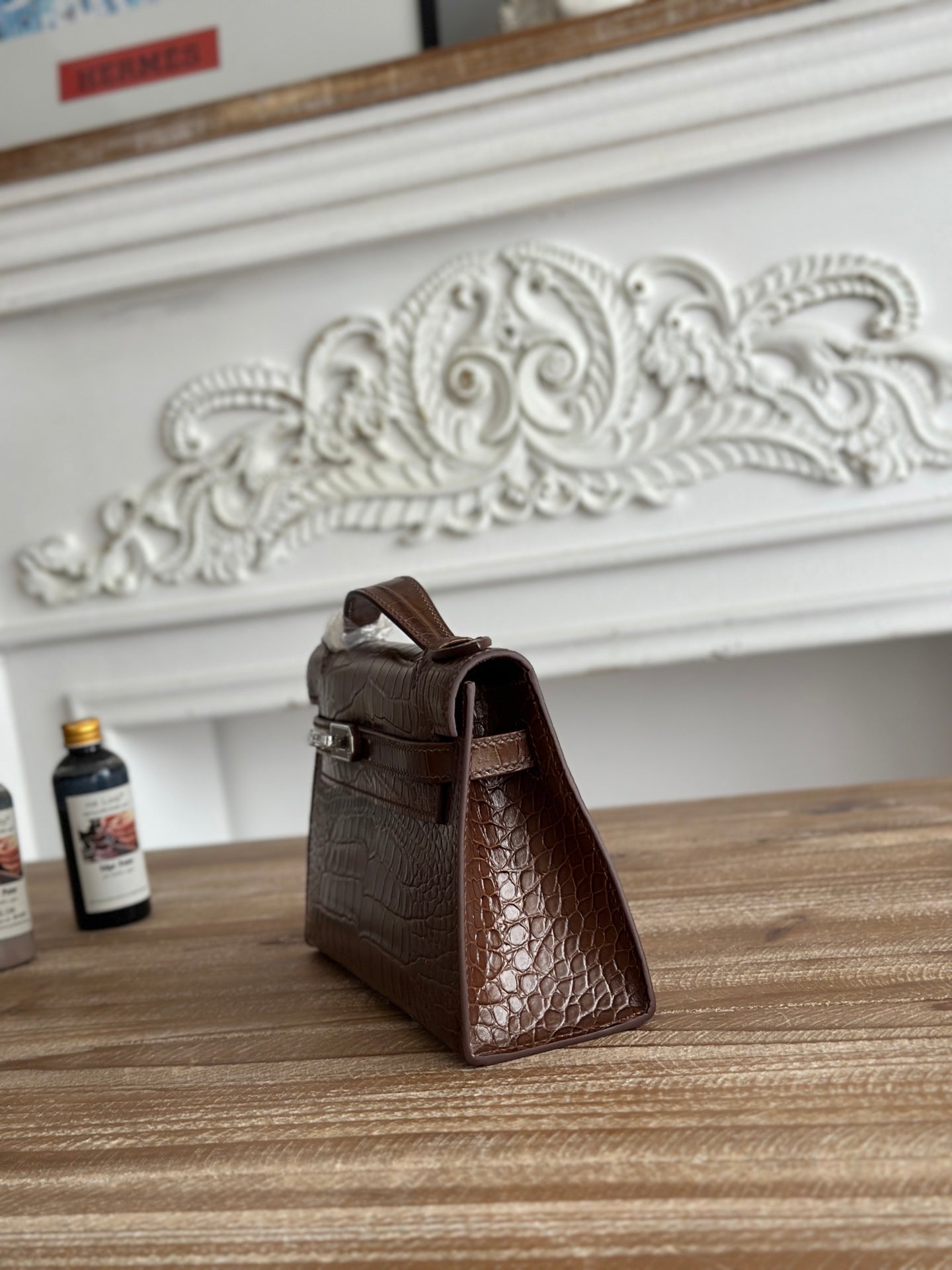 HM 25S KELLY MINI 22 CM IN BROWN LAMBSKIN WITH CROCODILE EMBOSSING AND SILVER HARDWARE