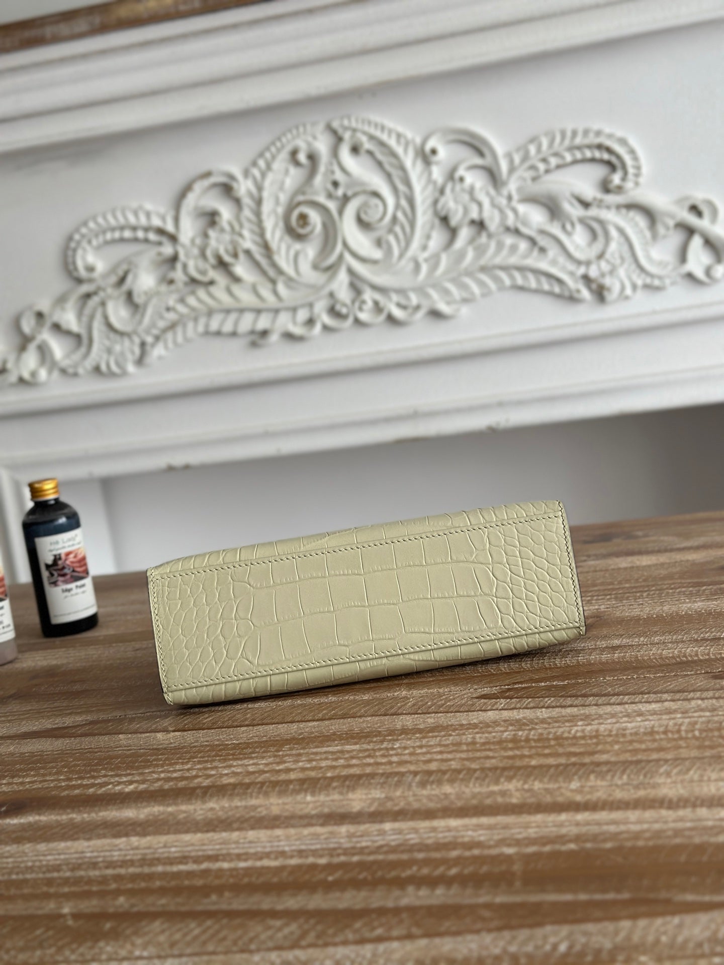 HM 25S KELLY MINI 22 CM IN LIGHT KHAKI LAMBSKIN WITH CROCODILE EMBOSSING AND SILVER HARDWARE