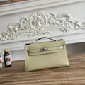 HM 25S KELLY MINI 22 CM IN LIGHT KHAKI LAMBSKIN WITH CROCODILE EMBOSSING AND SILVER HARDWARE