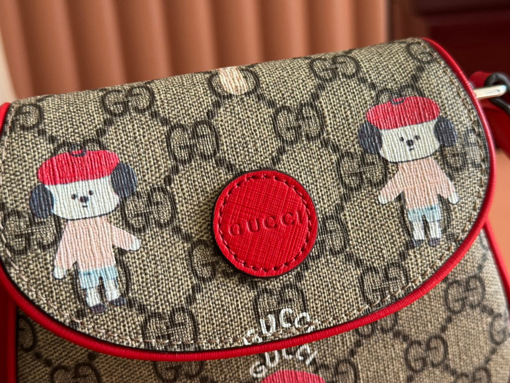CHILDREN'S PRINTED GG SHOULDER BAG IN BEIGE AND DARK BROWN GG CANVAS RED TRIM