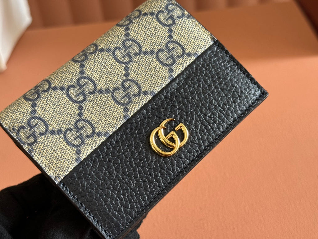 MARMONT BI-COLOUR CARD CASE WALLET 11 IN BLUE BEIGE EBONY GG CANVAS BLACK CALFSKIN