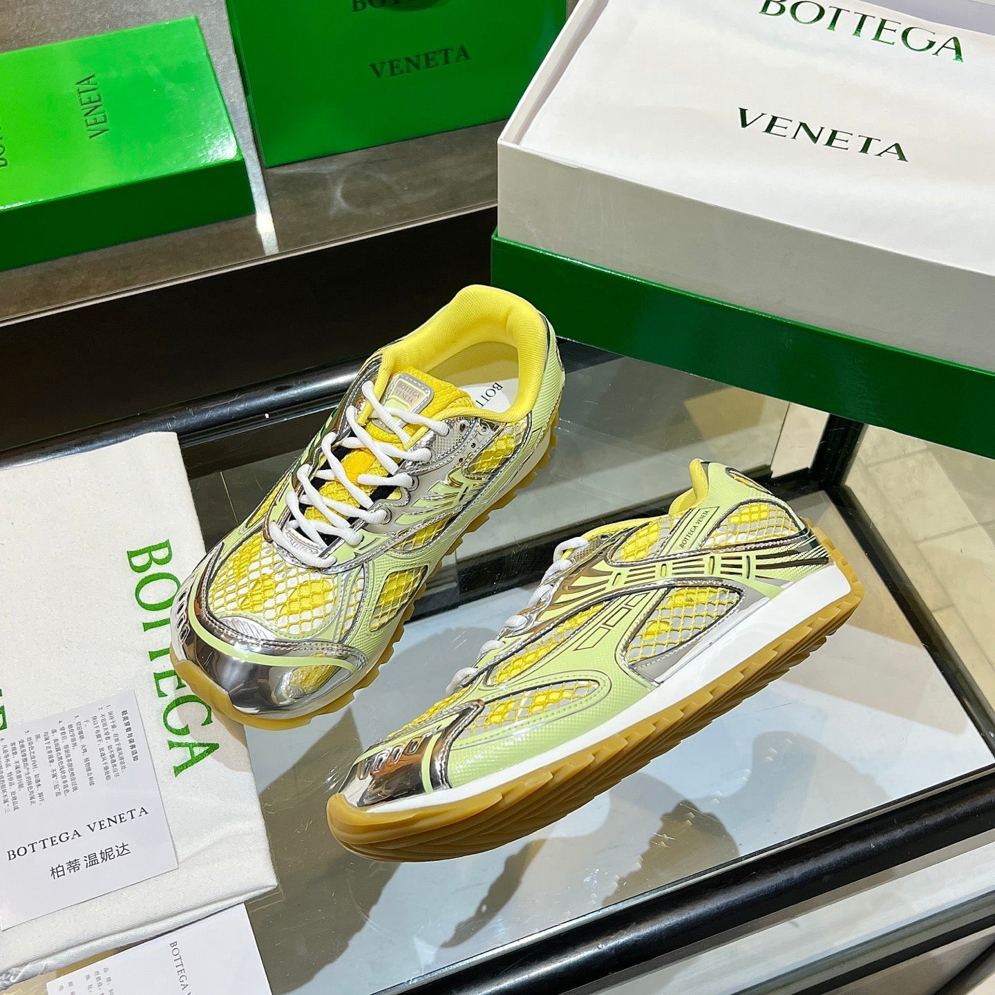 BOTTEGA VENETA 26S ORBIT SNEAKERS IN SILVER AND YELLOW TECHNICAL MESH