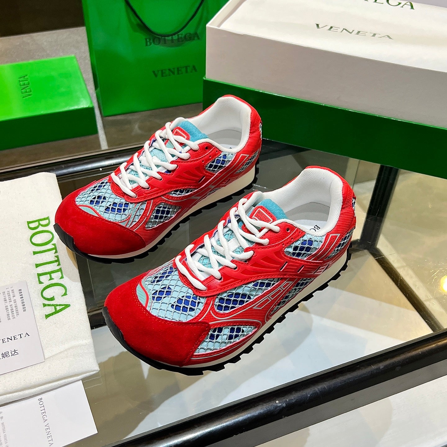 BOTTEGA VENETA 26S ORBIT SNEAKERS IN RED TECHNICAL MESH AND SUEDE