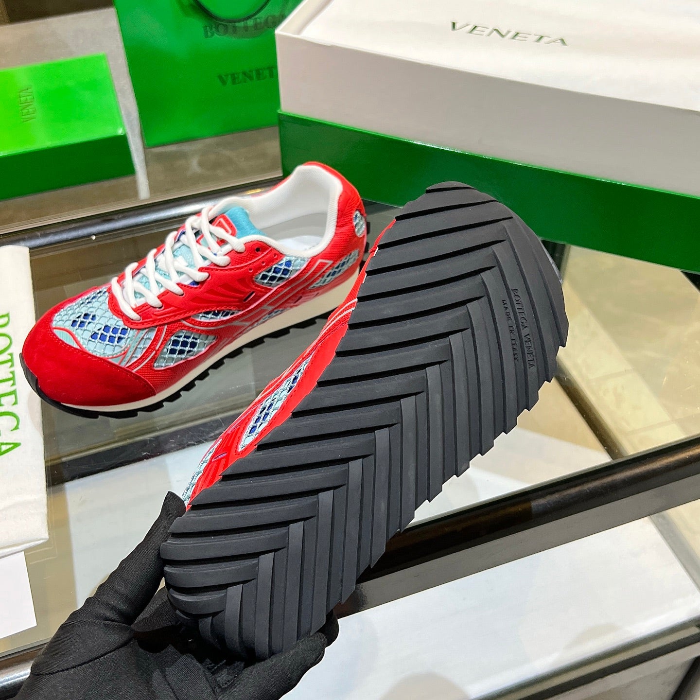BOTTEGA VENETA 26S ORBIT SNEAKERS IN RED TECHNICAL MESH AND SUEDE