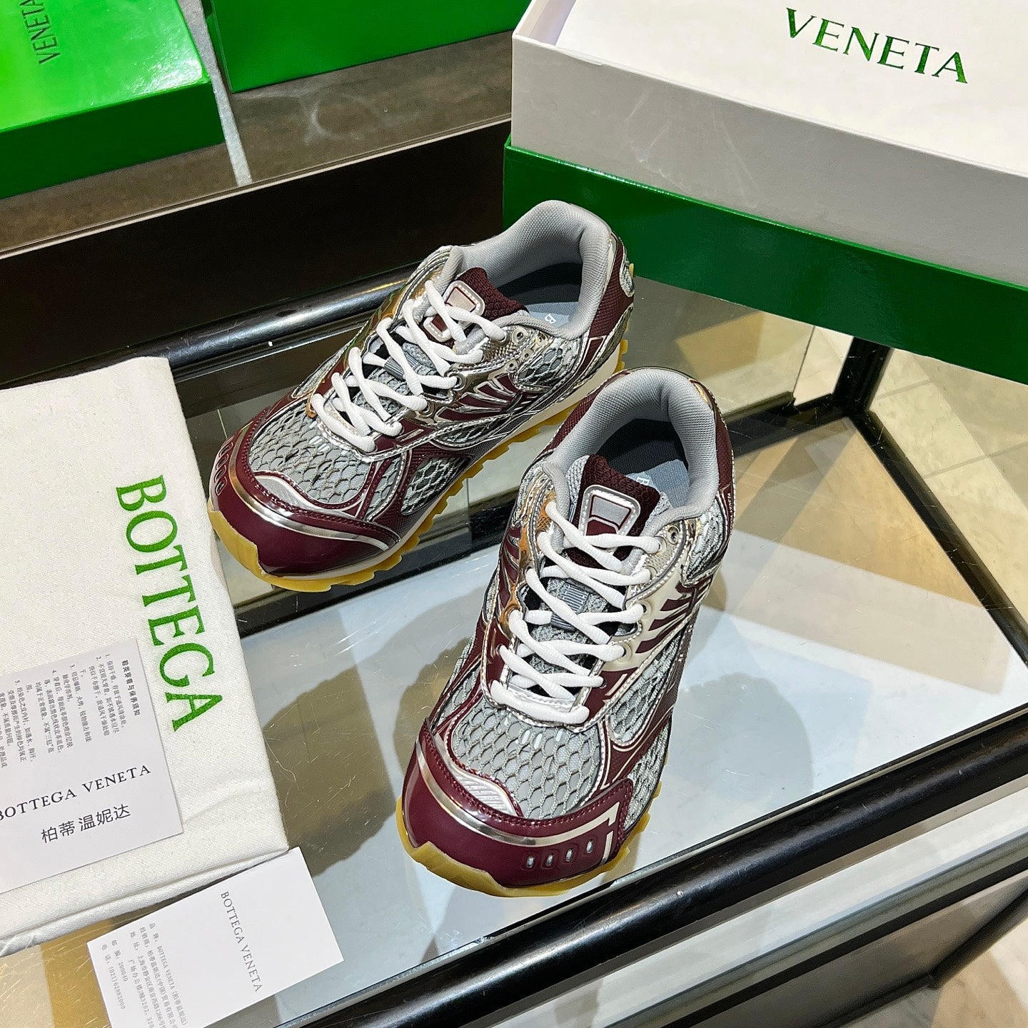BOTTEGA VENETA 26S ORBIT SNEAKERS IN SILVER AND DARK RED TECHNICAL MESH