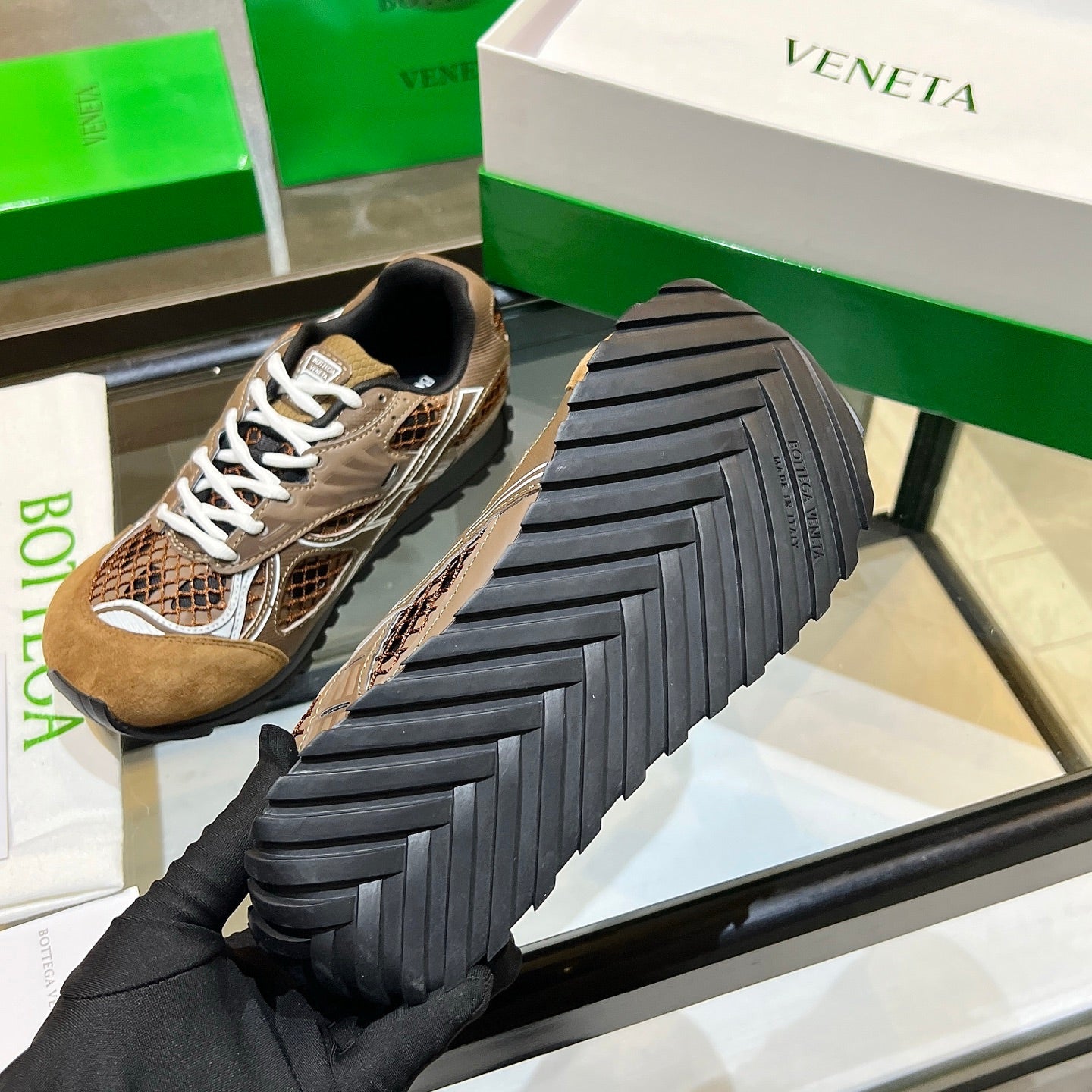 BOTTEGA VENETA 26S ORBIT SNEAKERS IN BROWN TECHNICAL MESH AND SUEDE