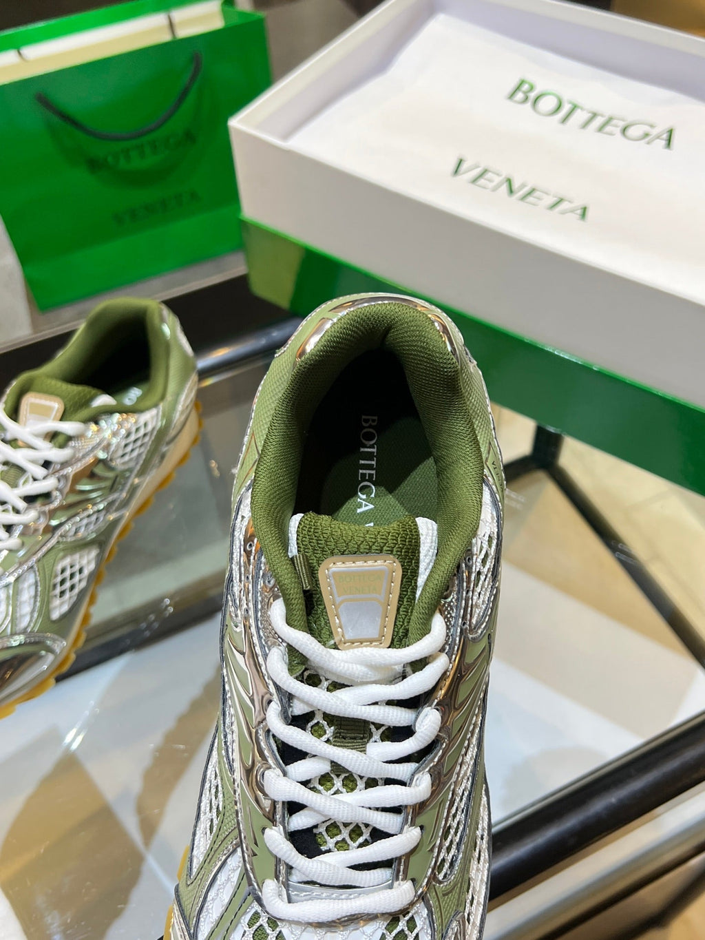 BOTTEGA VENETA 26S ORBIT SNEAKERS IN SILVER AND MOSS GREEN TECHNICAL MESH