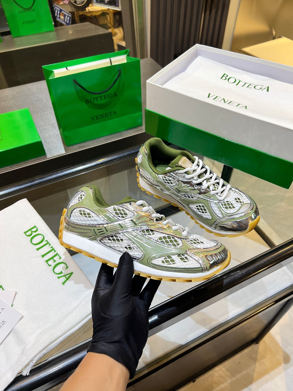 BOTTEGA VENETA 26S ORBIT SNEAKERS IN SILVER AND MOSS GREEN TECHNICAL MESH