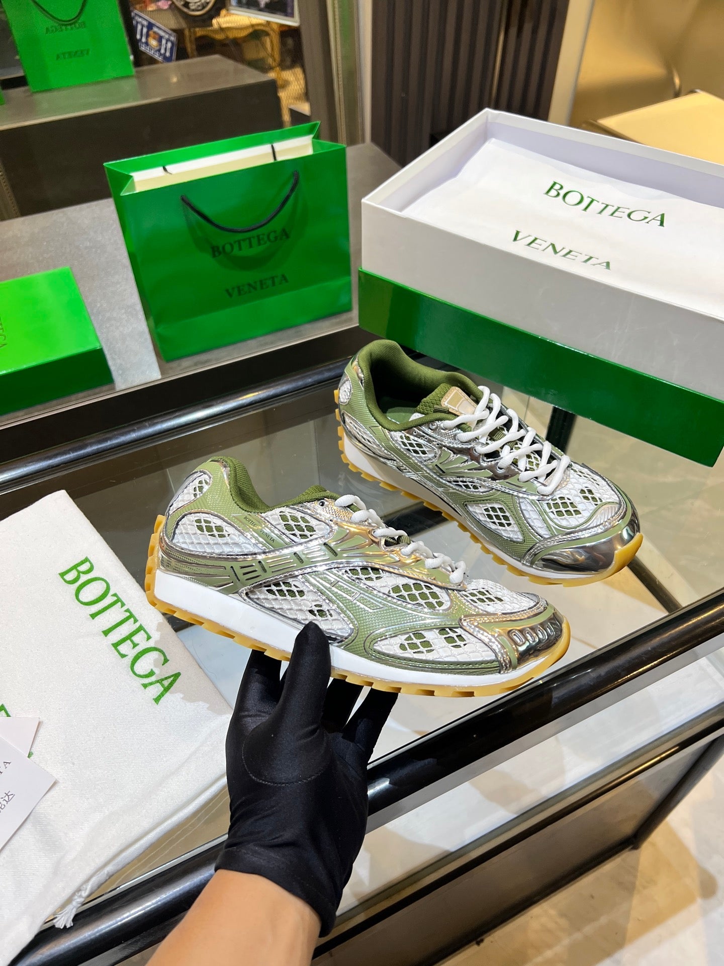 BOTTEGA VENETA 26S ORBIT SNEAKERS IN SILVER AND MOSS GREEN TECHNICAL MESH