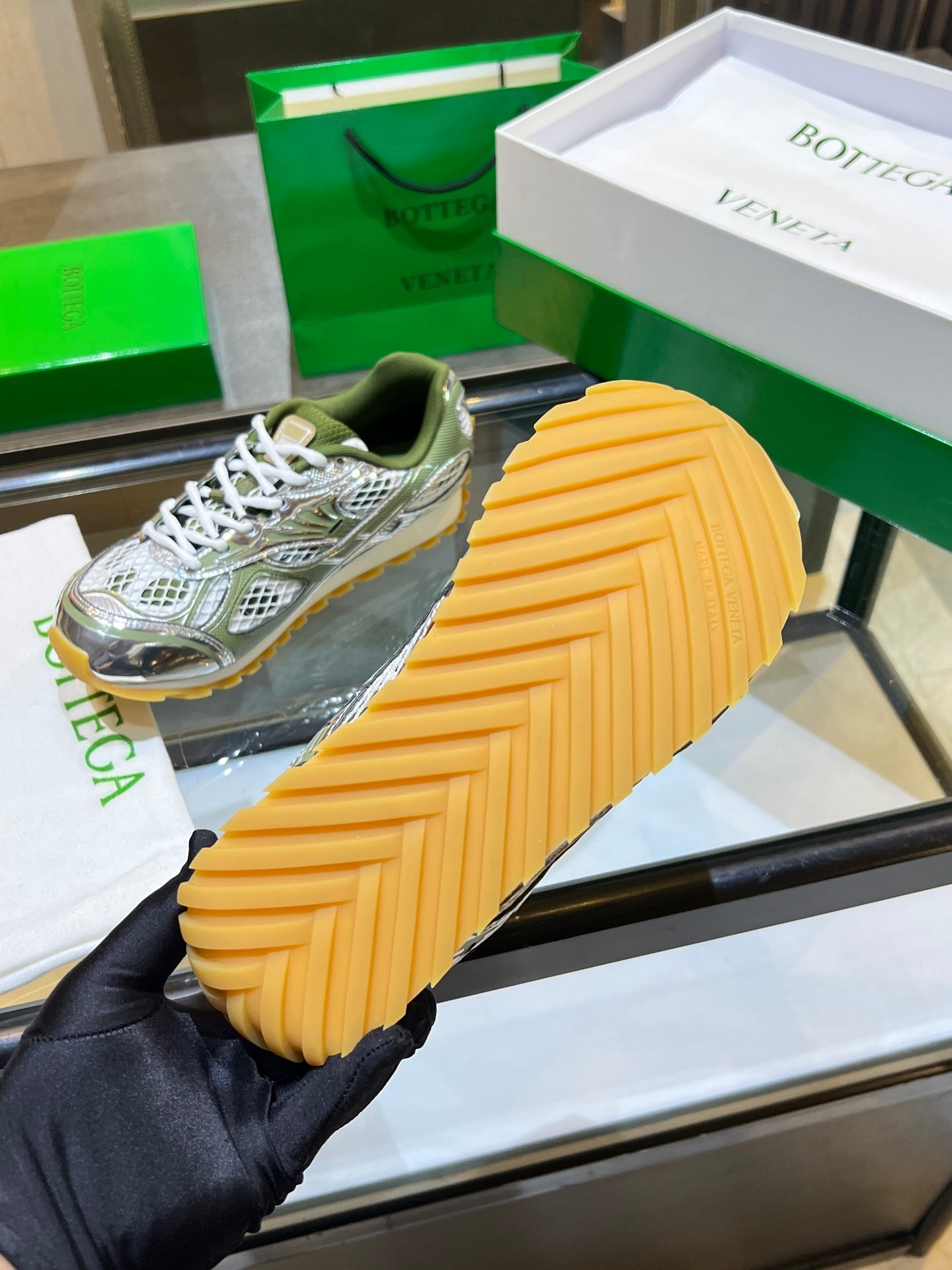 BOTTEGA VENETA 26S ORBIT SNEAKERS IN SILVER AND MOSS GREEN TECHNICAL MESH
