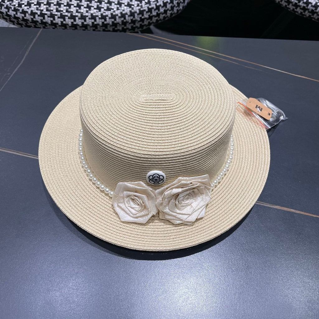 CHANEL 26S PEARL & ROSETTE STRAW BOATER HAT 337933