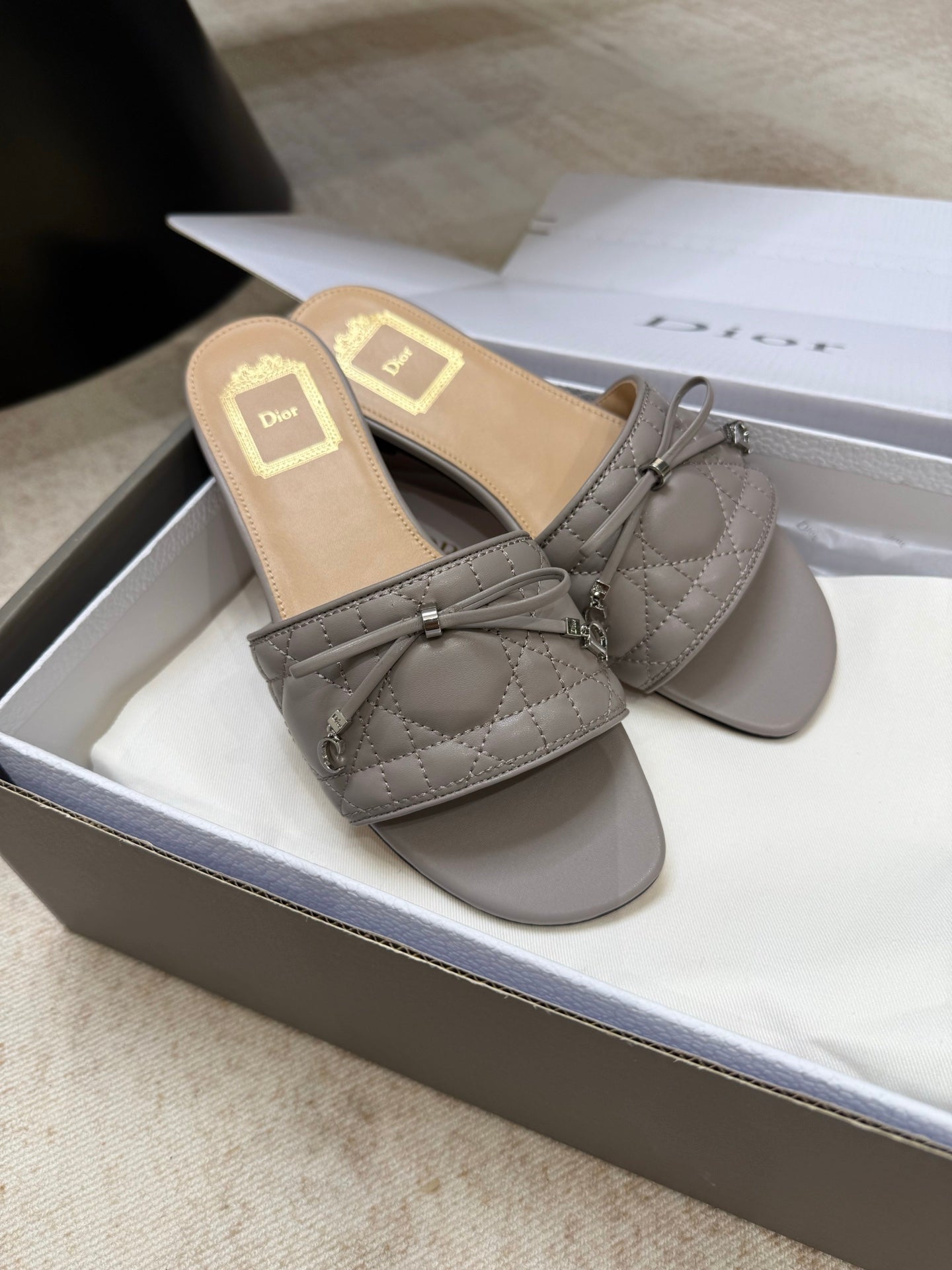 DIOR 26S DWAY CANNAGE SLIDE IN MUSHROOM GREY LAMBSKIN