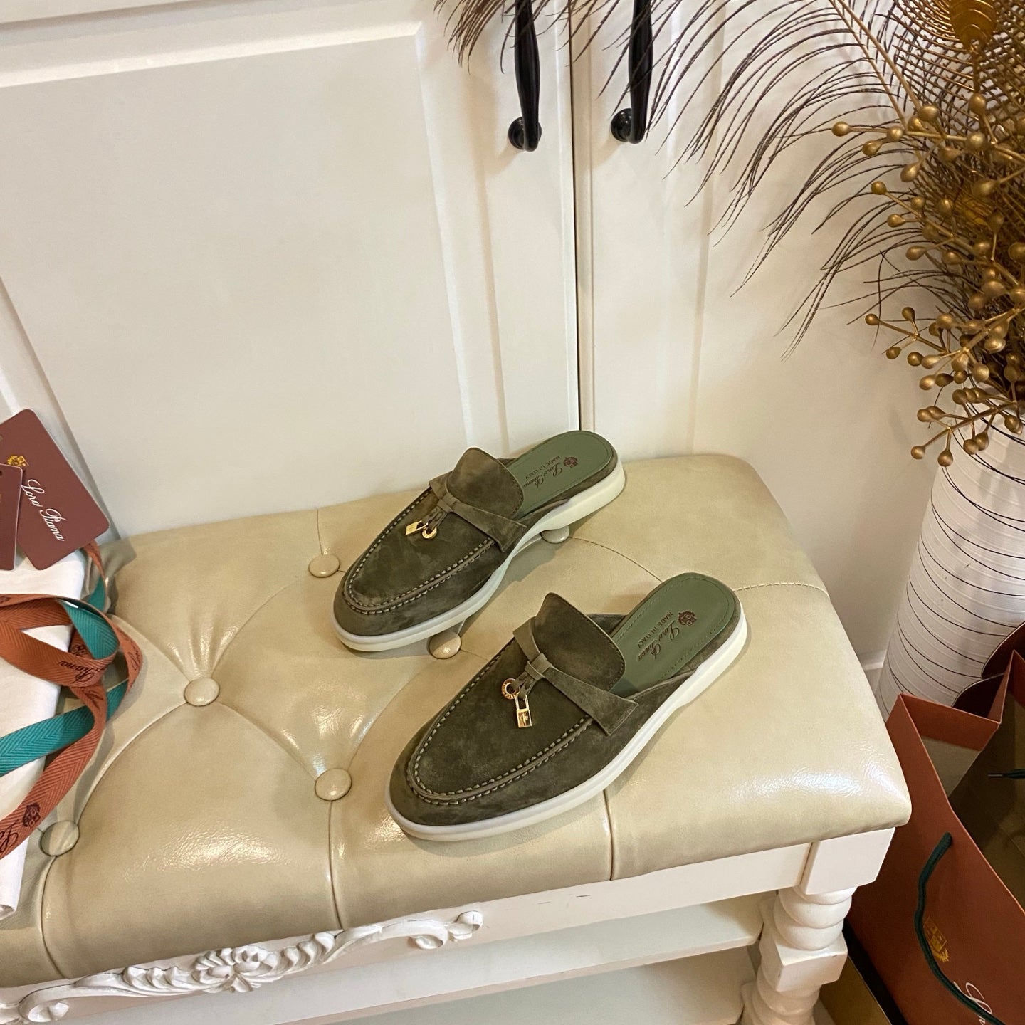 LP 26S LOCK CHARM MULES IN DARK OLIVE GREEN SUEDE GOLD HARDWARE