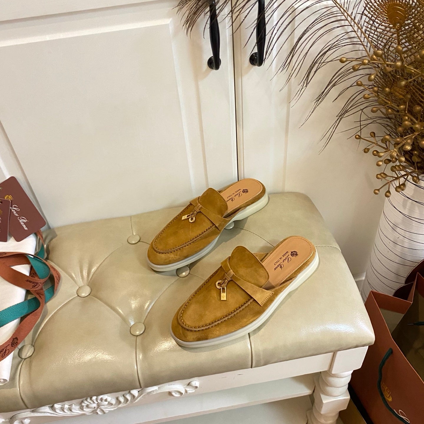 LP 26S LOCK CHARM MULES IN HONEY YELLOW SUEDE GOLD HARDWARE