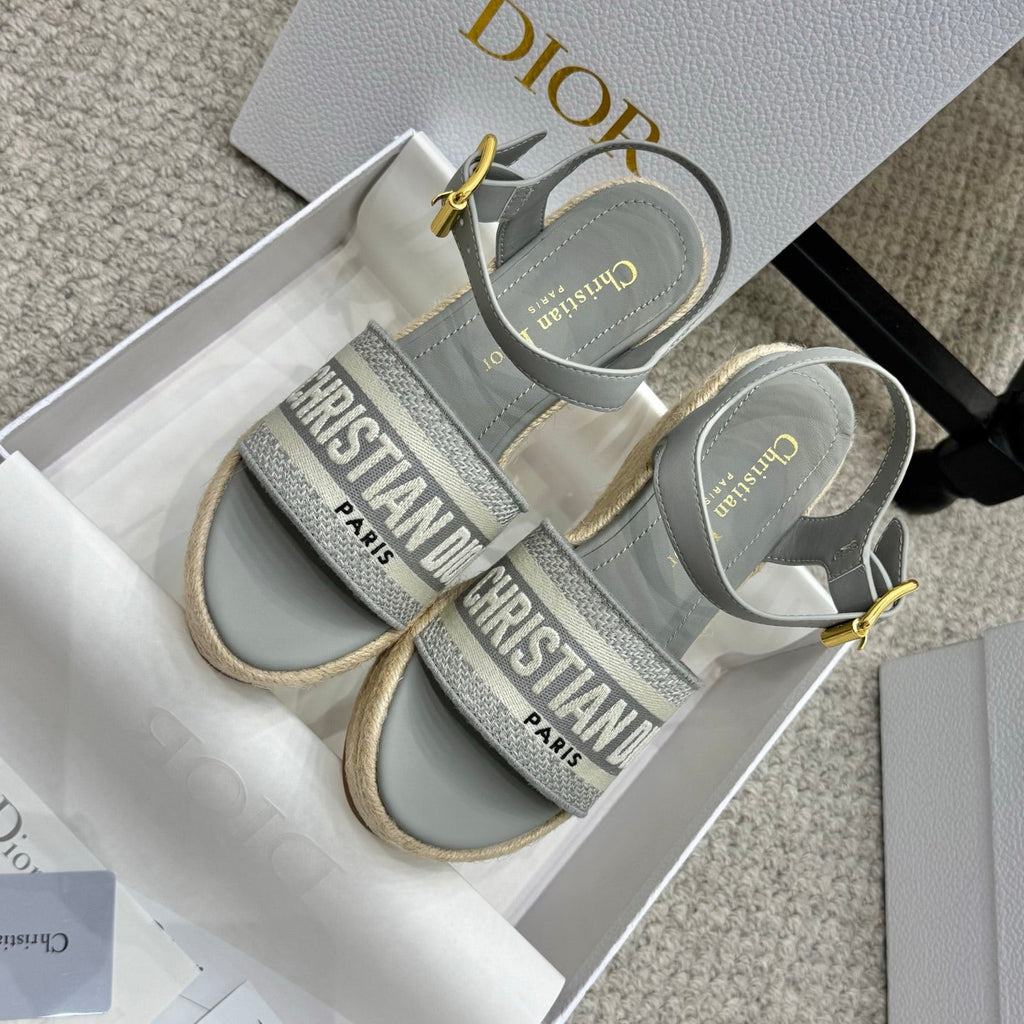 DWAY WEDGE SANDAL 25S 95MM IN GRAY EMBROIDERED COTTON RAFFIA SOLE