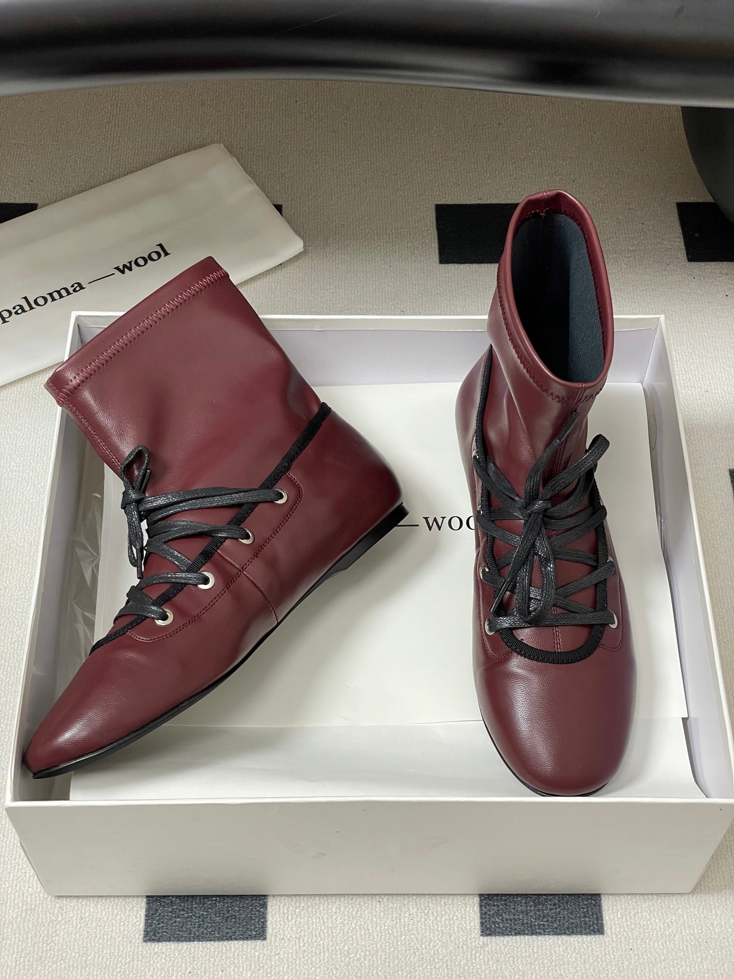 ALO 25S PALOMA WOOL FLAT ANKLE BOOTS IN DEEP RED LAMBSKIN