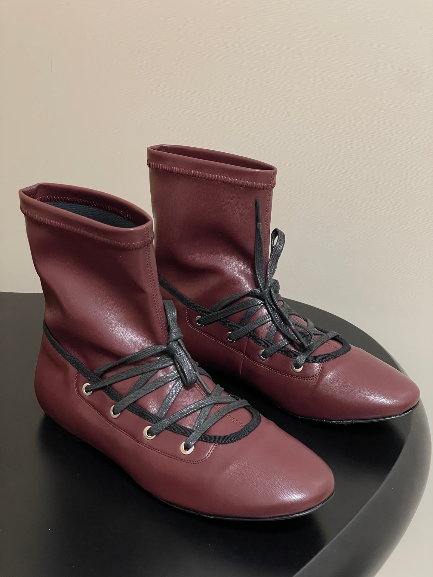 ALO 25S PALOMA WOOL FLAT ANKLE BOOTS IN DEEP RED LAMBSKIN