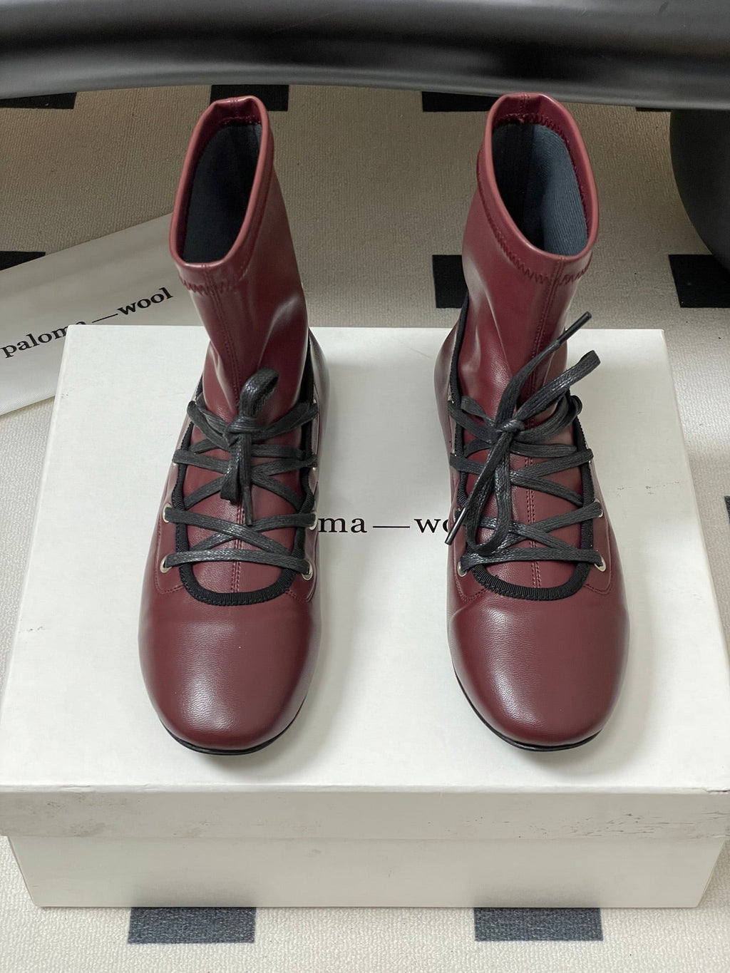 ALO 25S PALOMA WOOL FLAT ANKLE BOOTS IN DEEP RED LAMBSKIN