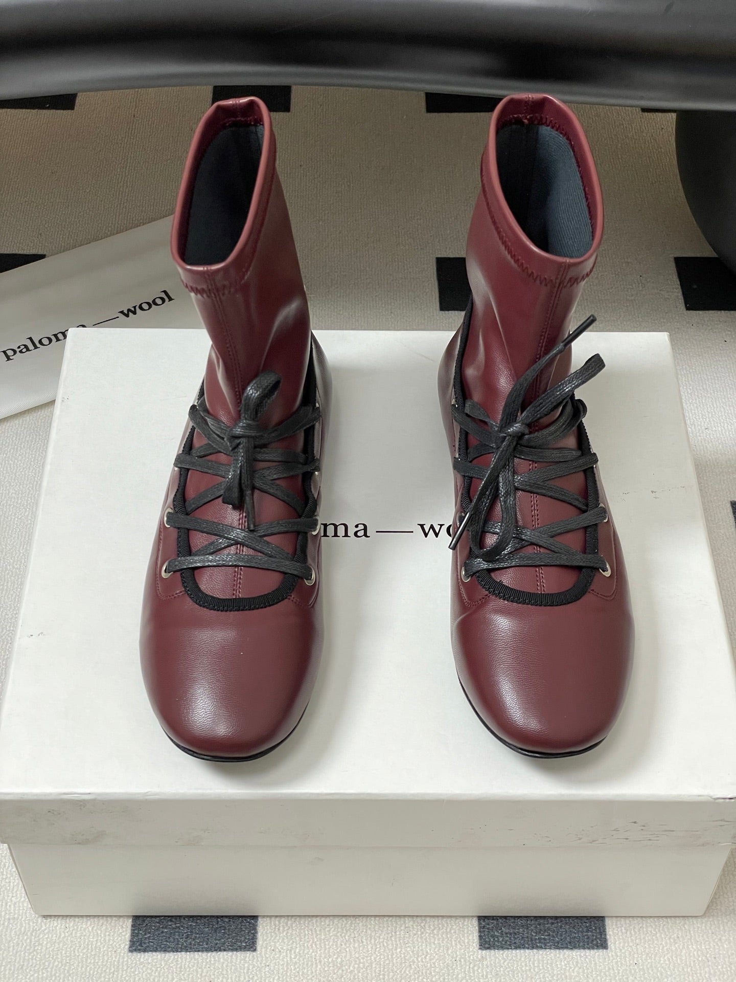 ALO 25S PALOMA WOOL FLAT ANKLE BOOTS IN DEEP RED LAMBSKIN