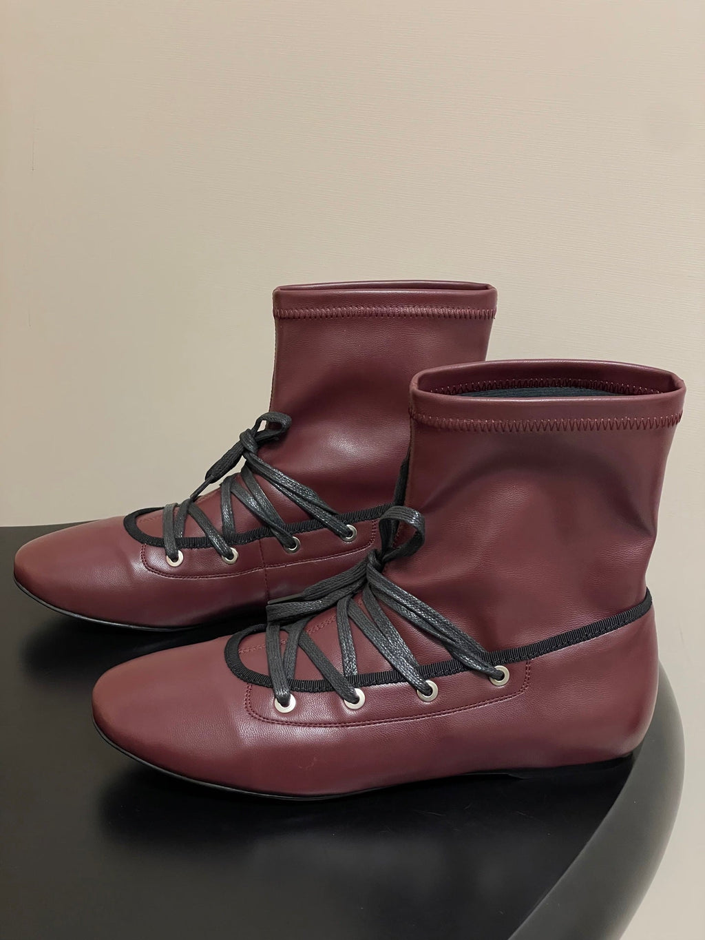 ALO 25S PALOMA WOOL FLAT ANKLE BOOTS IN DEEP RED LAMBSKIN