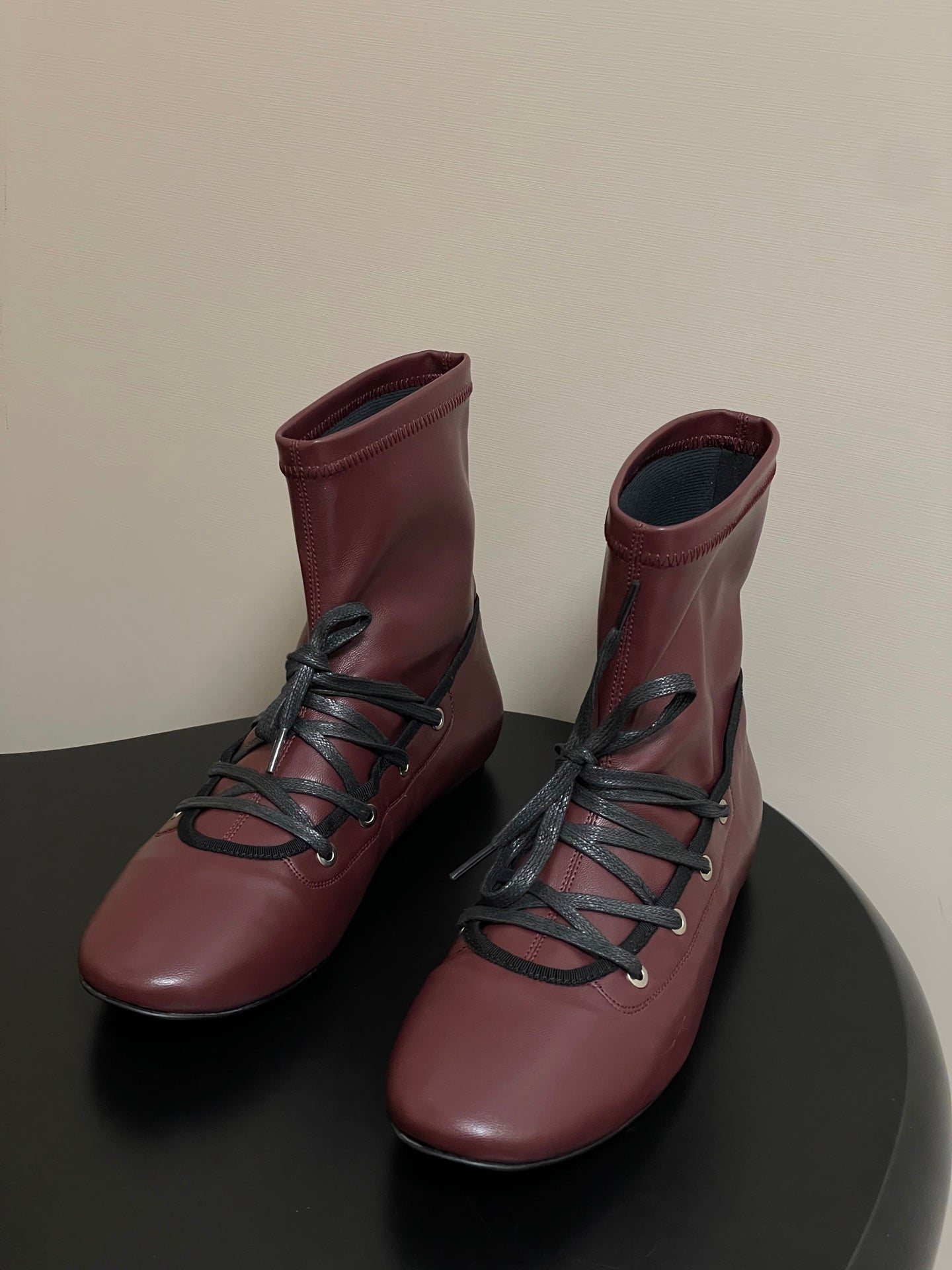 ALO 25S PALOMA WOOL FLAT ANKLE BOOTS IN DEEP RED LAMBSKIN