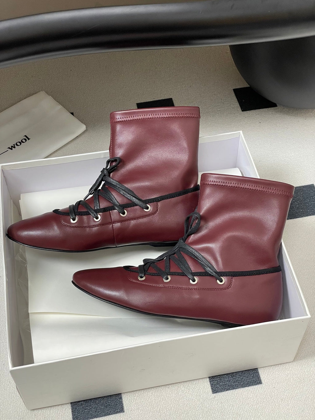 ALO 25S PALOMA WOOL FLAT ANKLE BOOTS IN DEEP RED LAMBSKIN