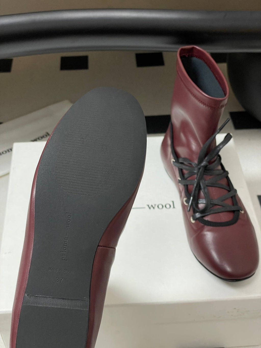 ALO 25S PALOMA WOOL FLAT ANKLE BOOTS IN DEEP RED LAMBSKIN