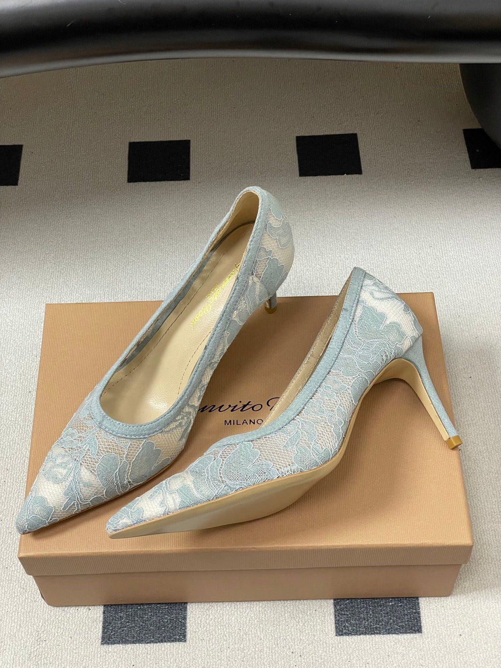 GIANVITO ROSSI 26S HIGH HEELS 85 MM IN LIGHT BLUE LACE