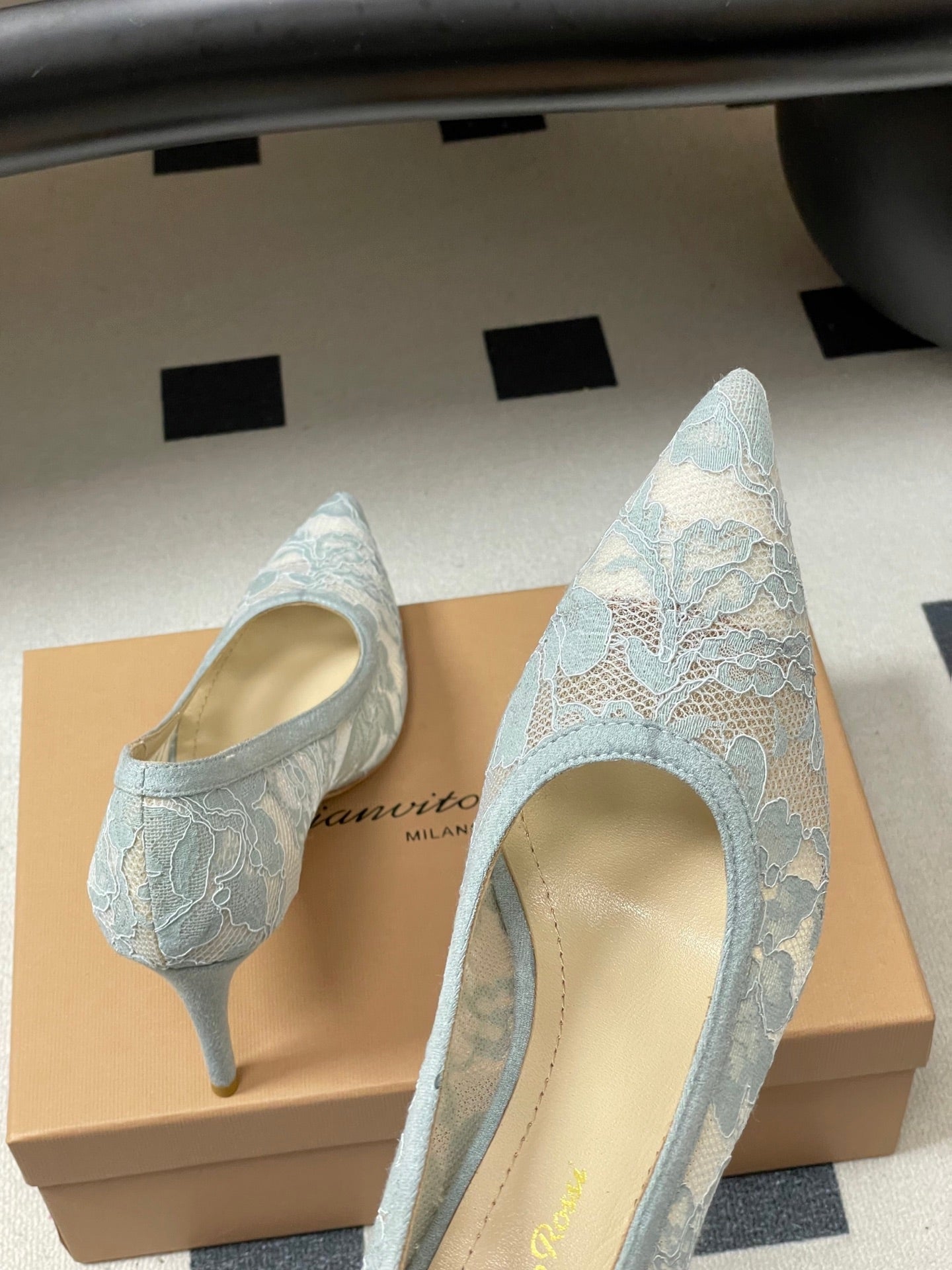 GIANVITO ROSSI 26S HIGH HEELS 85 MM IN LIGHT BLUE LACE