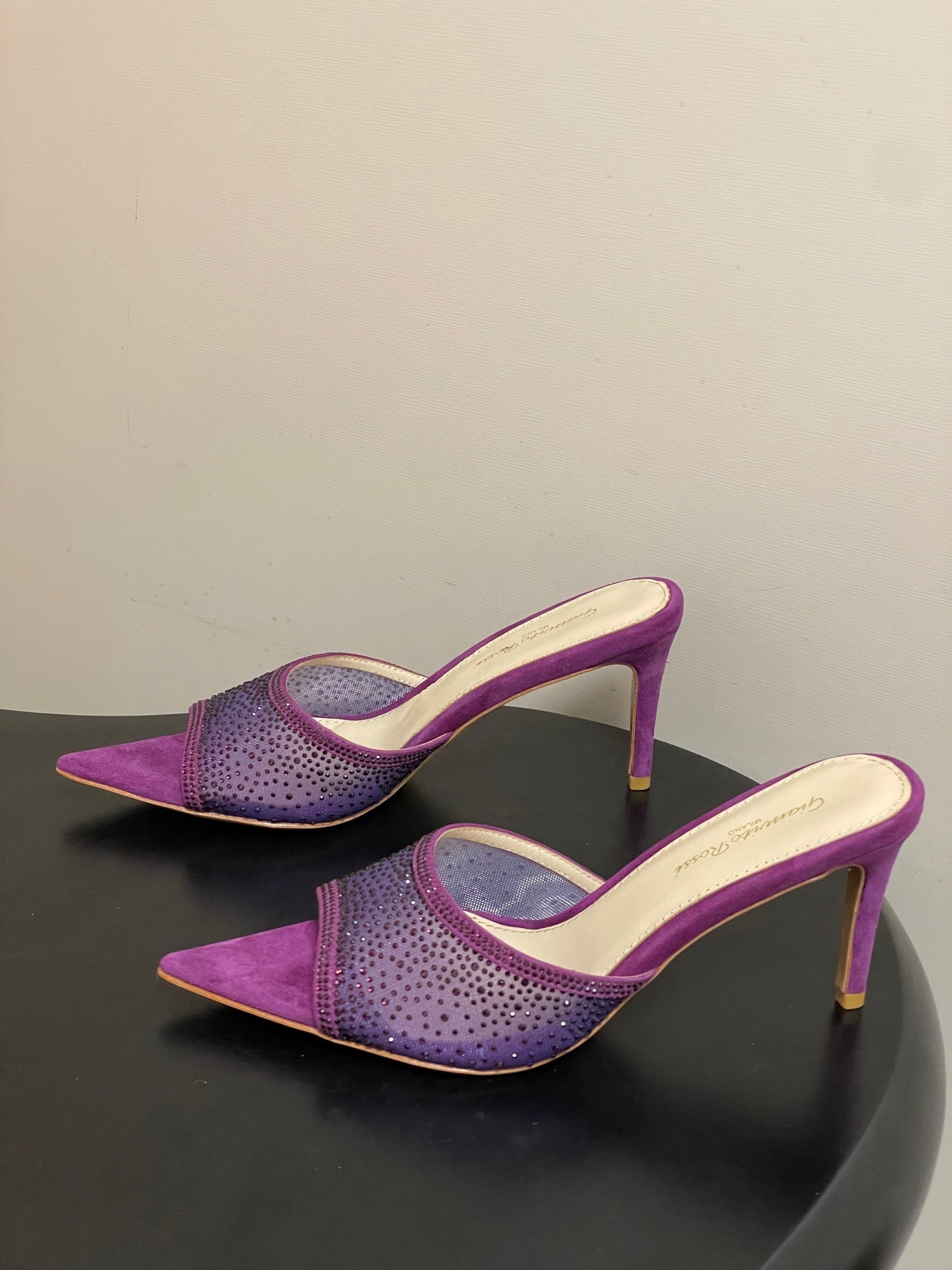 GIANVITO ROSSI 26S HIGH HEELS 85 MM IN PURPLE SUEDE WITH RHINESTONE STRAP